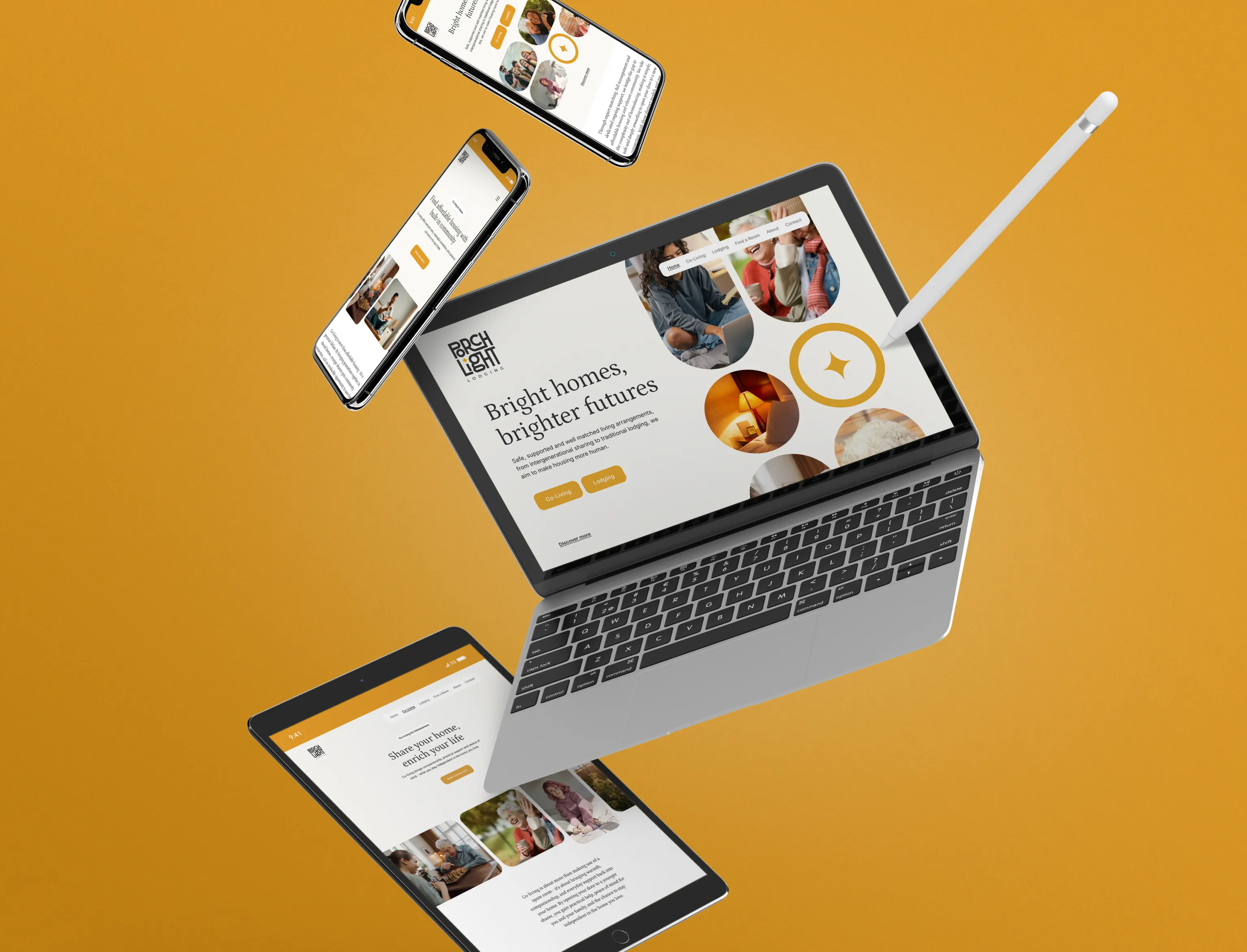 Laptop, tablet and smartphones floating on gold, each displaying the PorchLight website and its Bright homes, brighter futures headline