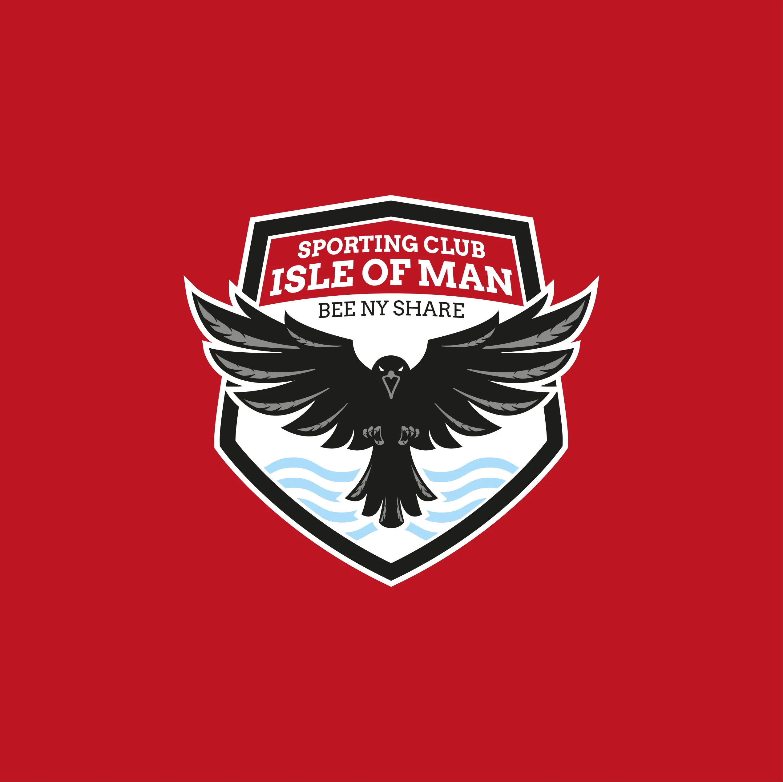 Full-colour Sporting Club Isle of Man crest on red, with a black bird, light blue waves and the motto Bee Ny Share