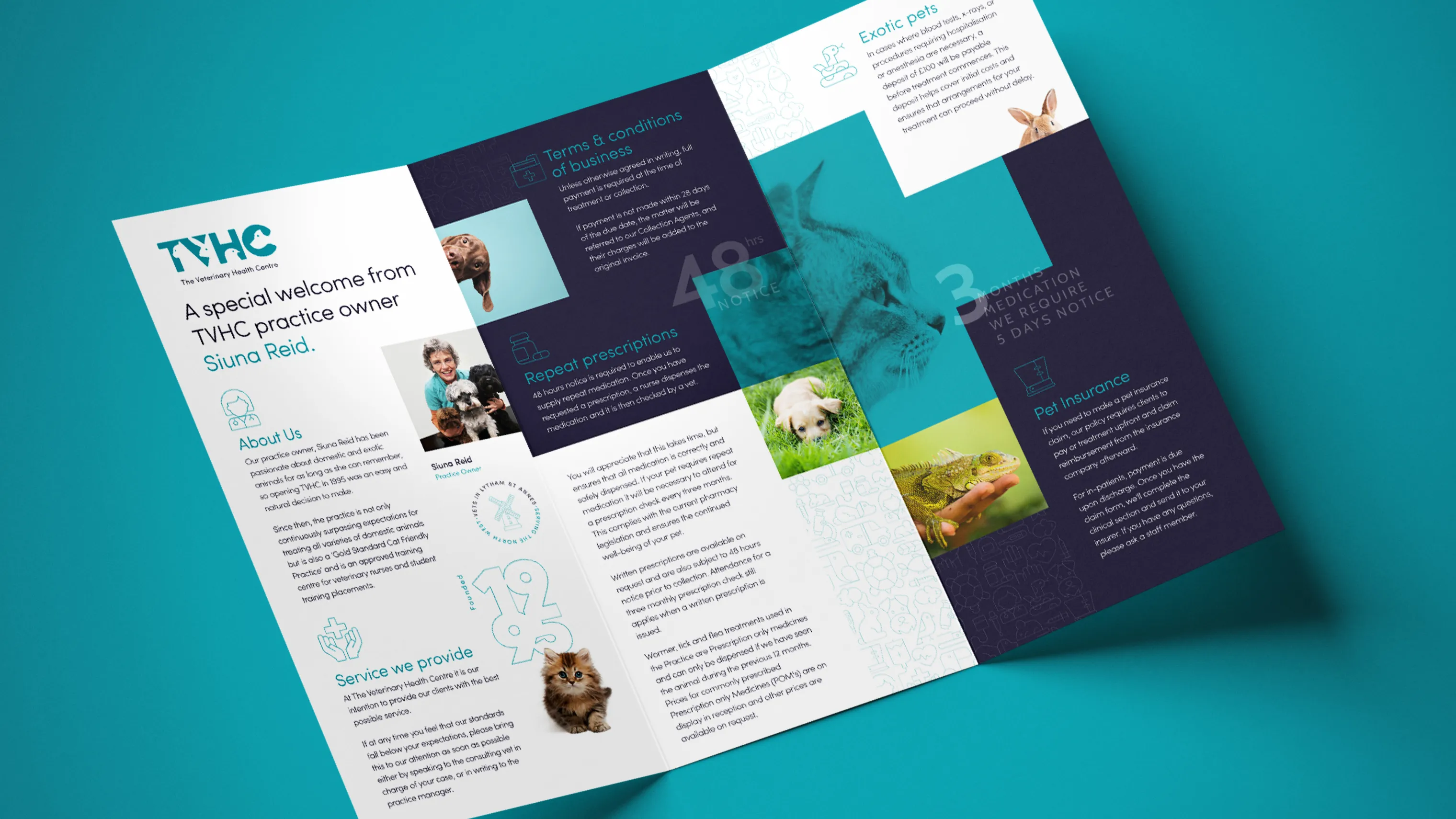 Inside pages of the TVHC welcome booklet designed by DotPerformance, showing terms and conditions, repeat prescriptions, pet insurance information and photographs of animals treated at the Lytham St Annes veterinary practice