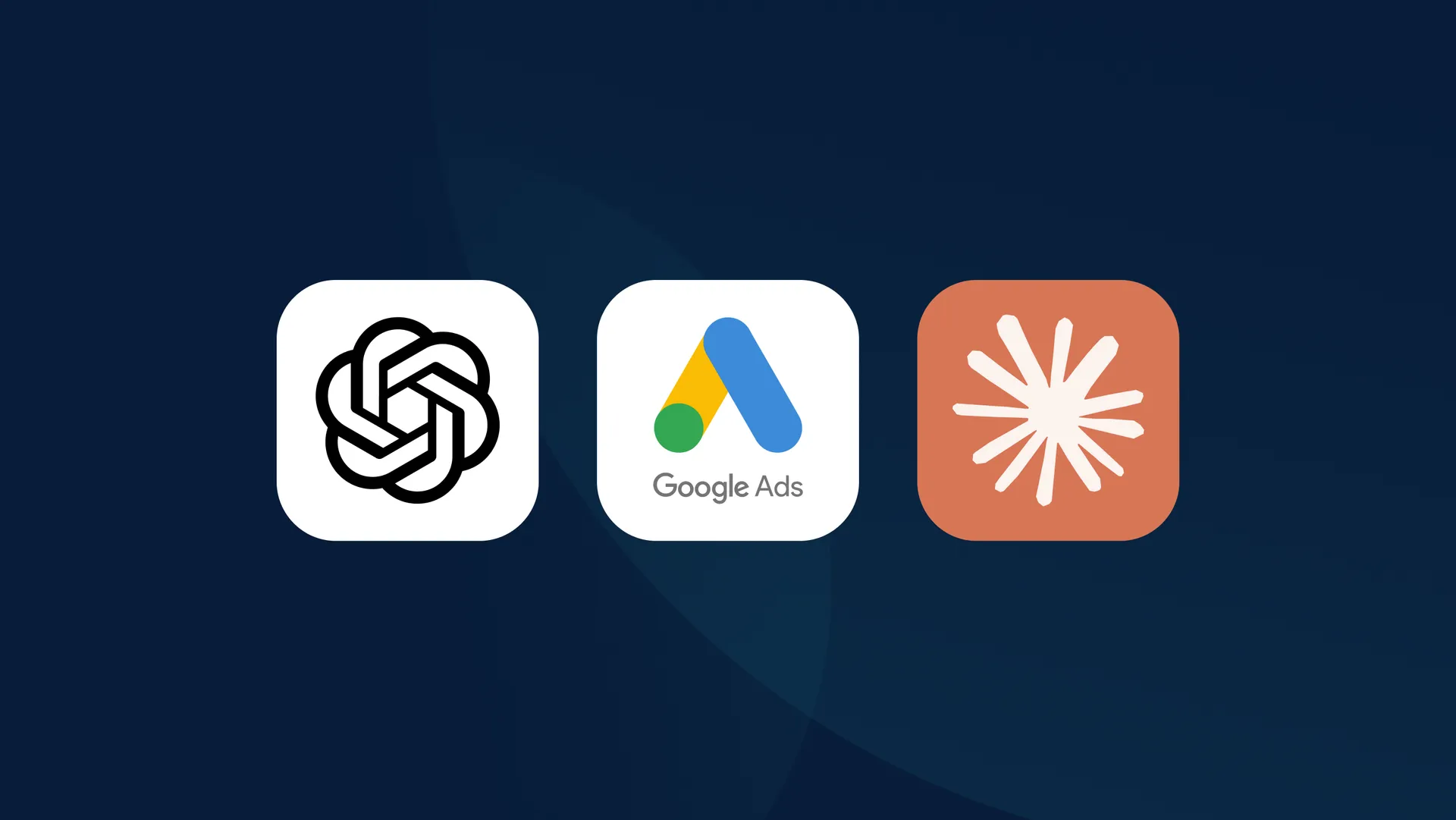 ChatGPT, Google Ads and Claude app icons shown side by side, illustrating the competitive landscape between AI search platforms and traditional paid search