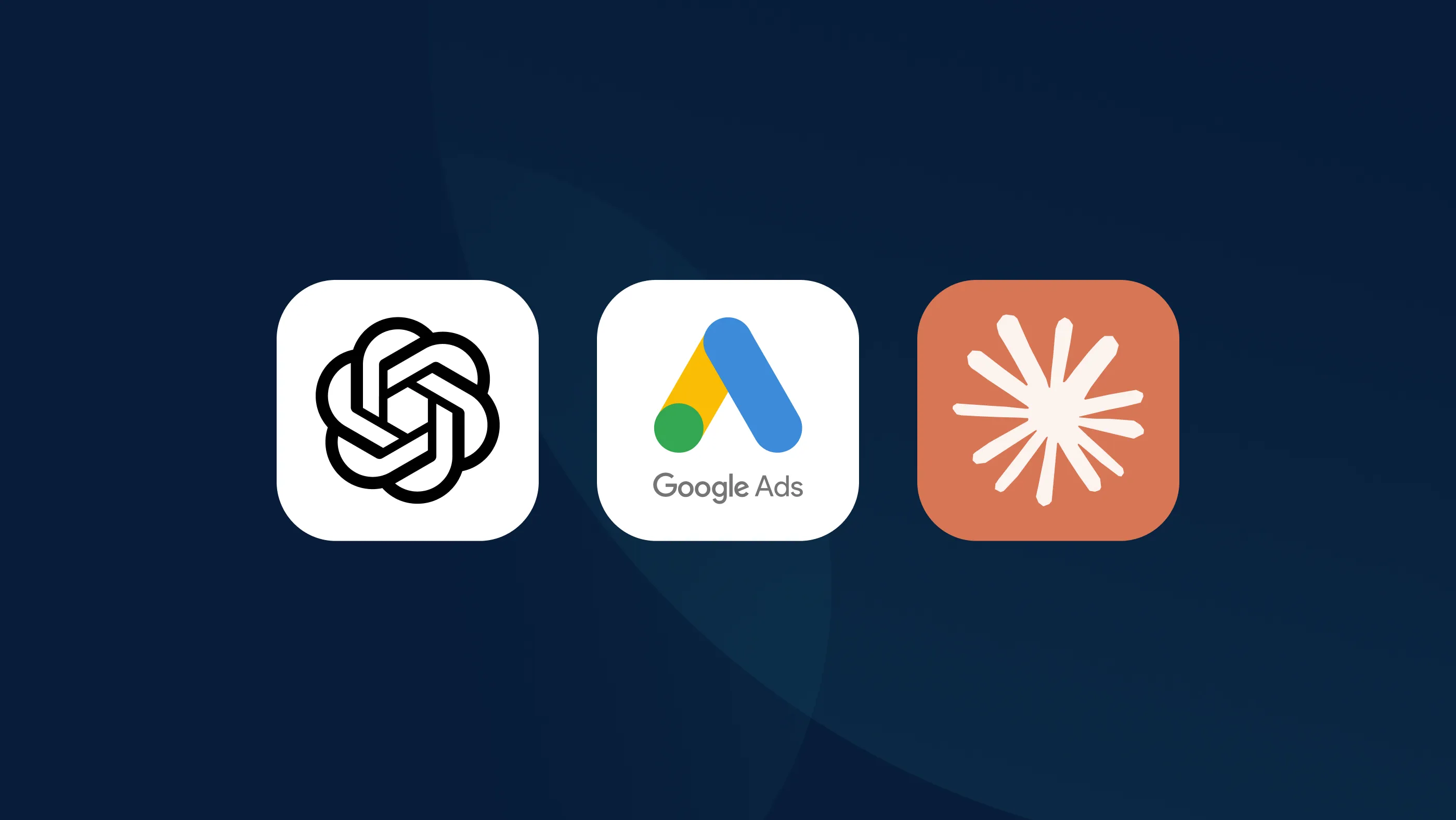 ChatGPT, Google Ads and Claude app icons shown side by side, illustrating the competitive landscape between AI search platforms and traditional paid search