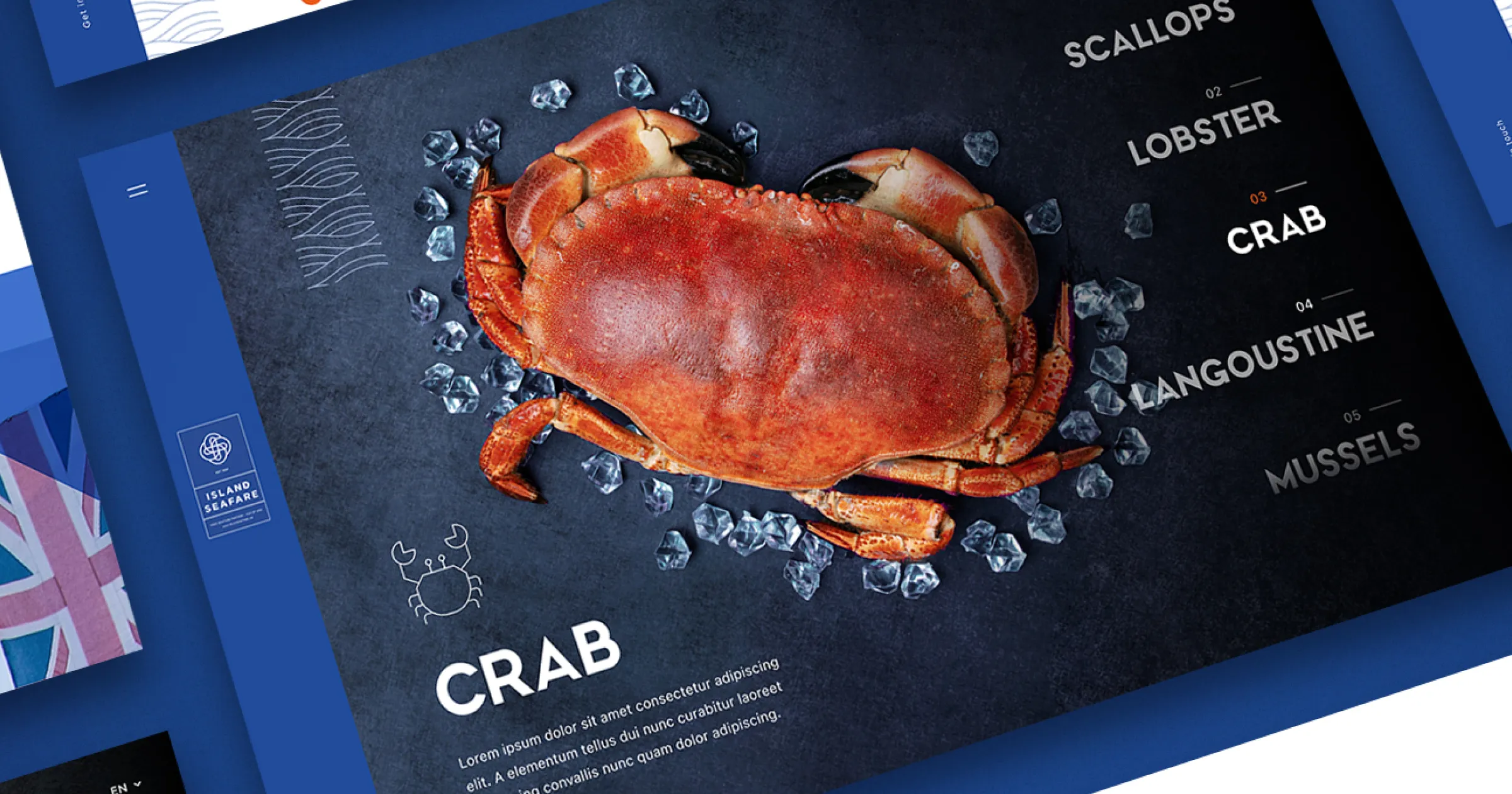 Island Seafare website crab product page showing a whole brown crab on ice with a dark background, part of a shellfish species navigation including lobster, langoustine and mussels, designed by DotPerformance