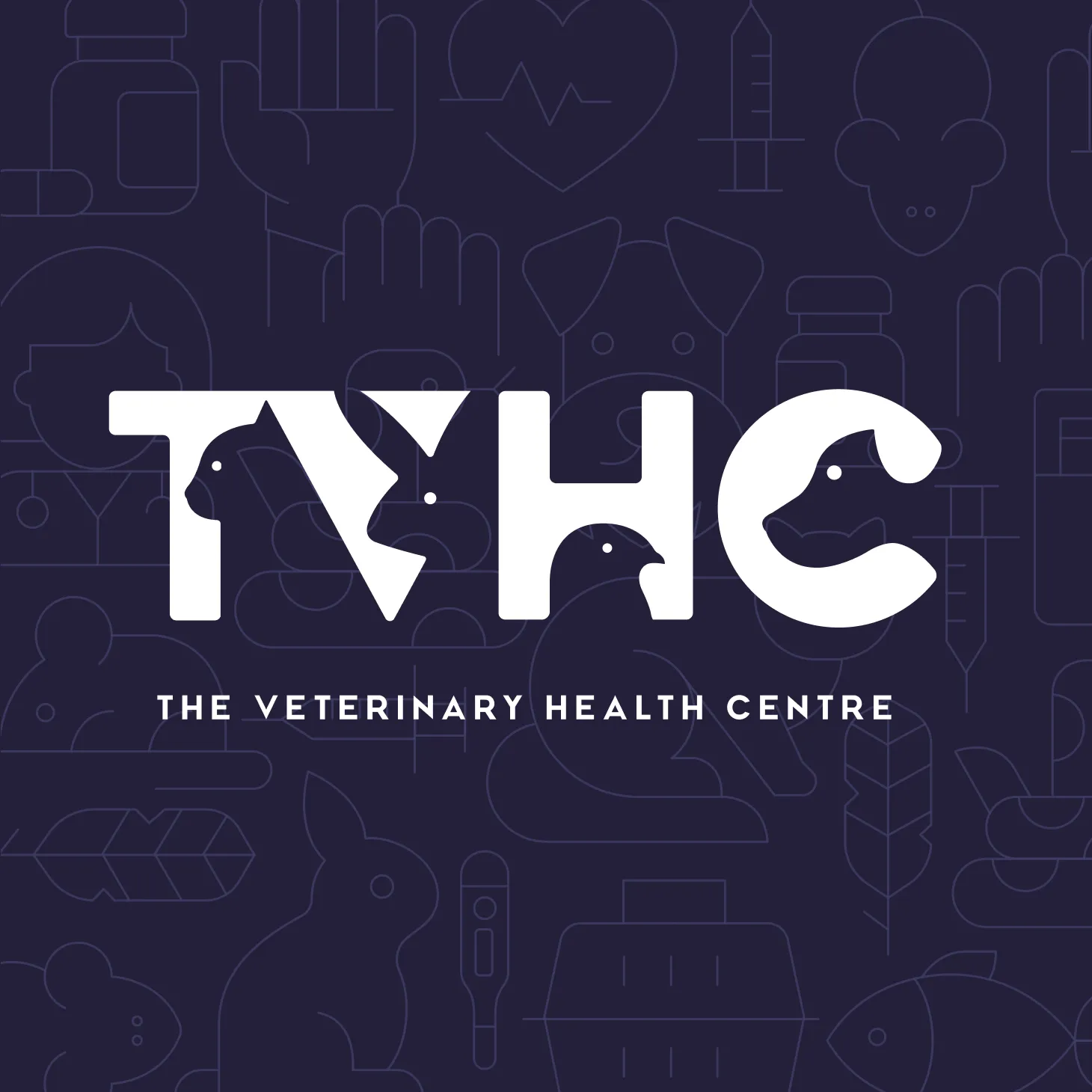 TVHC The Veterinary Health Centre logo on a dark navy background designed by DotPerformance, with animal silhouettes hidden within the letterforms and a veterinary icon pattern in the background