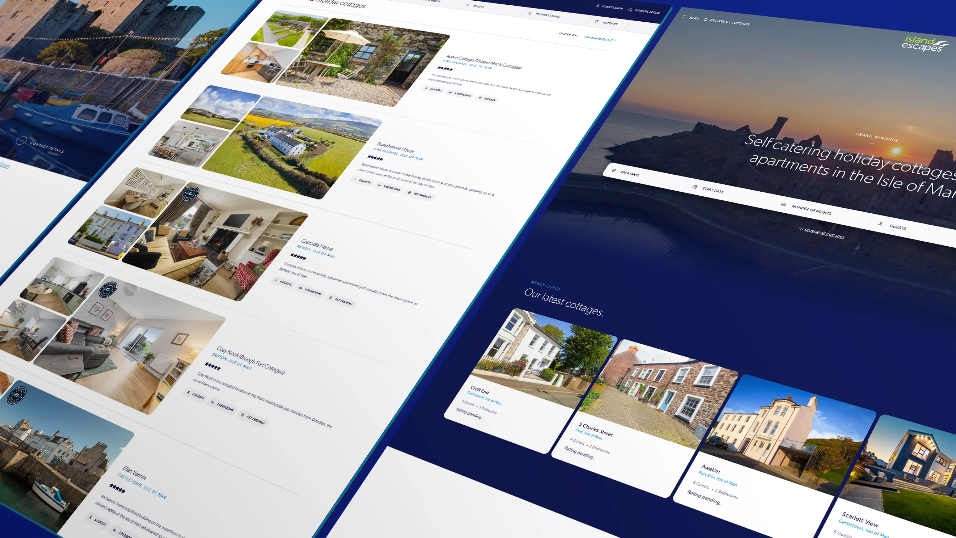 Island Escapes website designed by DotPerformance showing the property listings page and homepage for Isle of Man self-catering cottages and apartments, including properties in Kirk Michael, Ramsey and Castletown