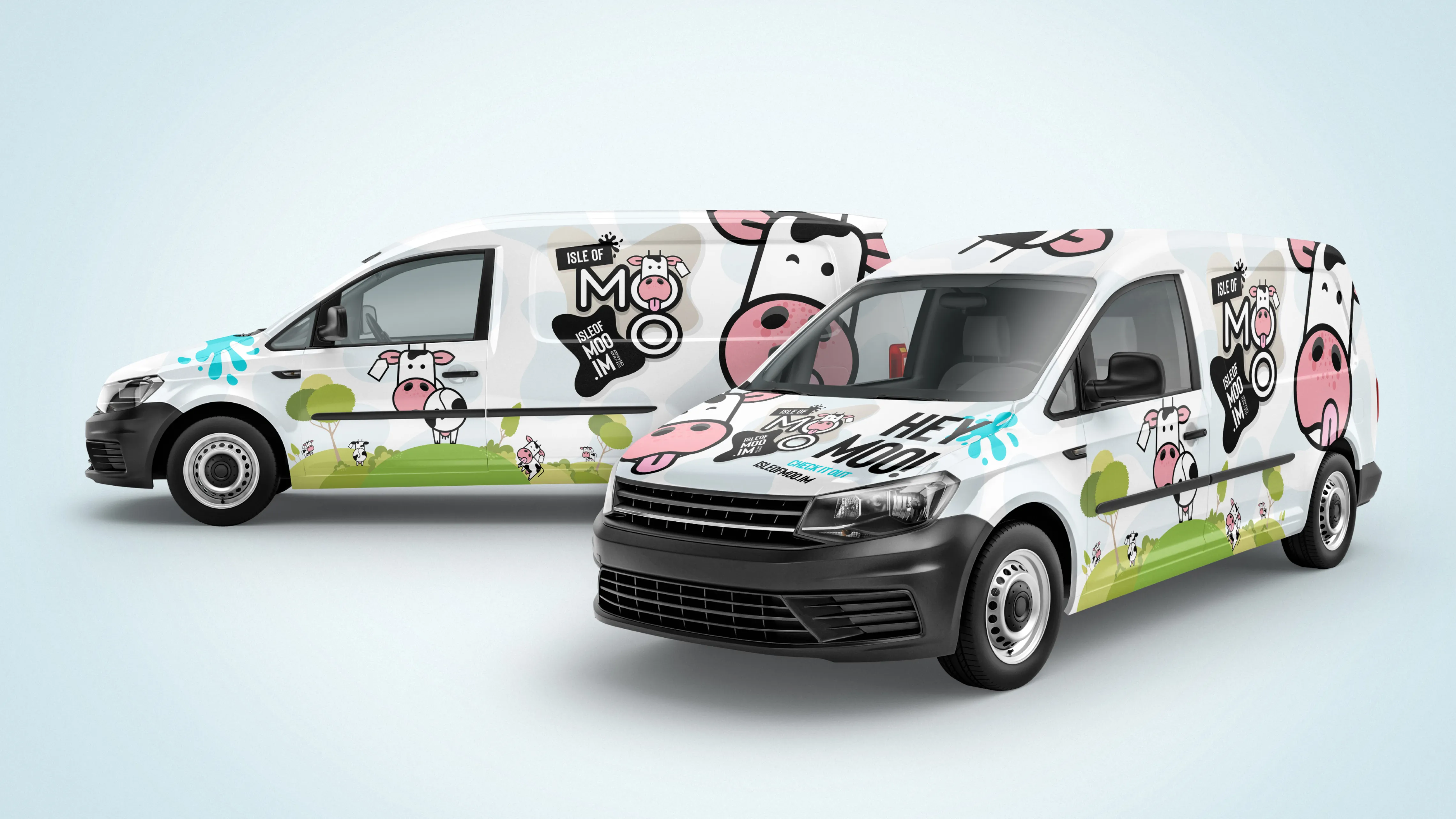 Isle of Moo vehicle livery designed by DotPerformance applied to Isle of Man Creamery delivery vans, showing the cartoon cow character and isleofmoo.im branding across both sides and the bonnet