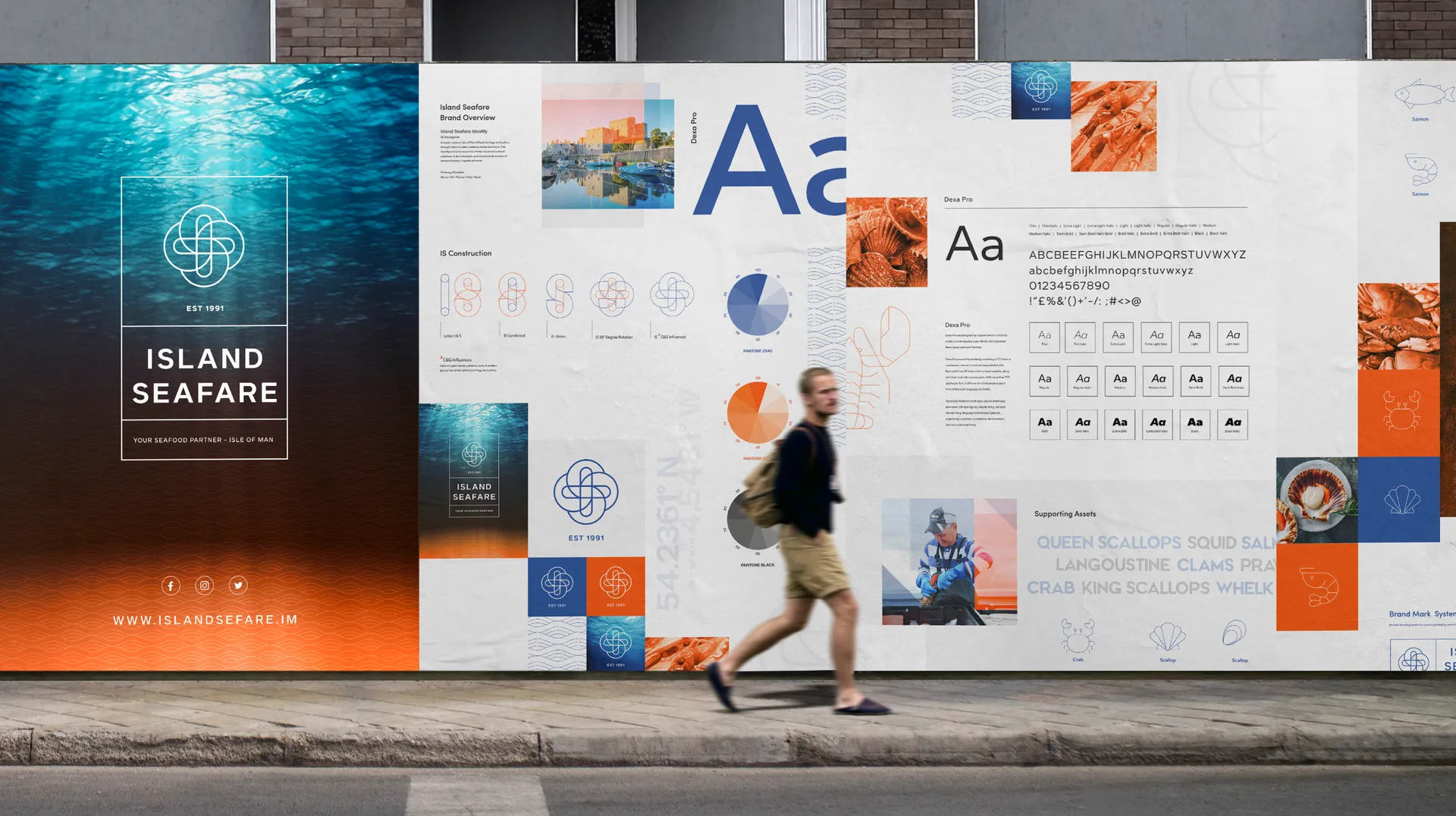 Person walking past a large outdoor hoarding displaying the Island Seafare brand guidelines, including logo, typography and colour palette, designed by DotPerformance