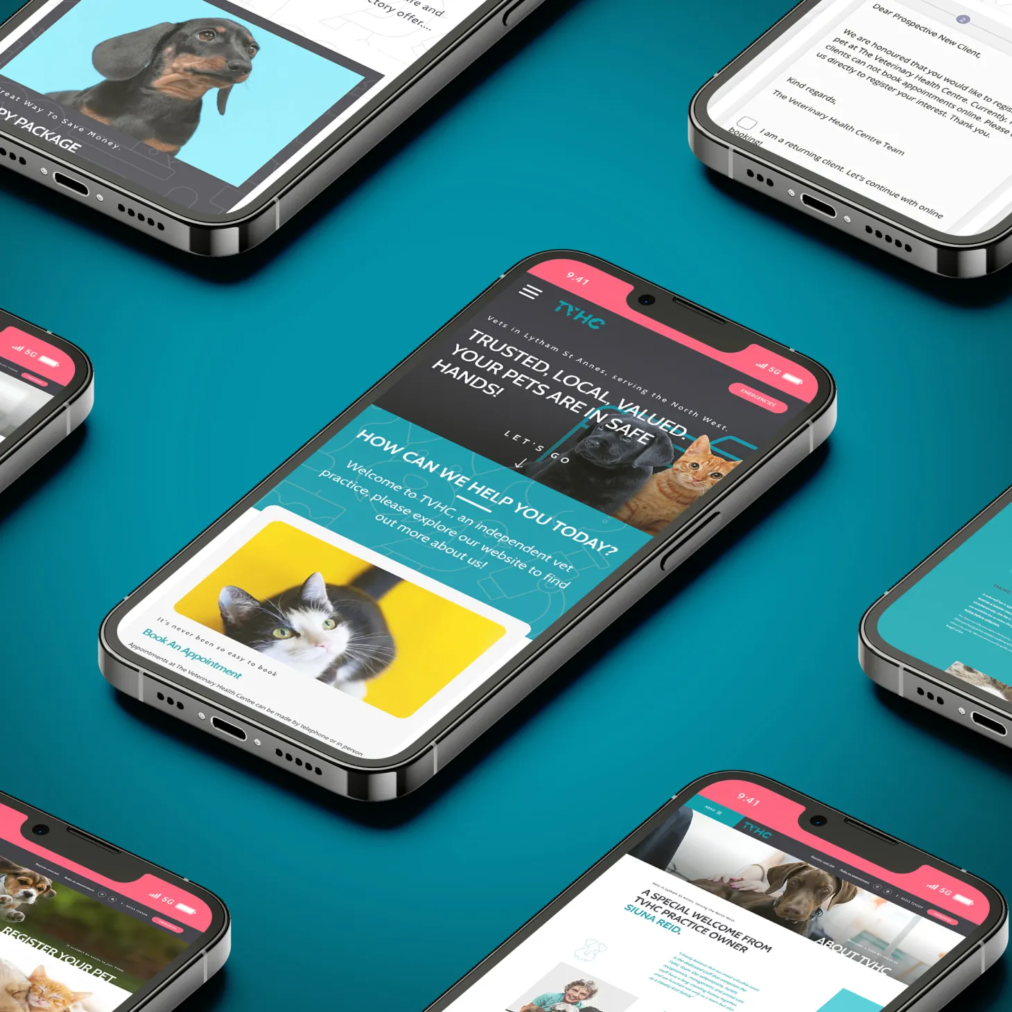 TVHC website designed by DotPerformance shown across multiple mobile screens, displaying the homepage, appointment booking, pet packages, registration and practice information pages for the Lytham St Annes veterinary practice