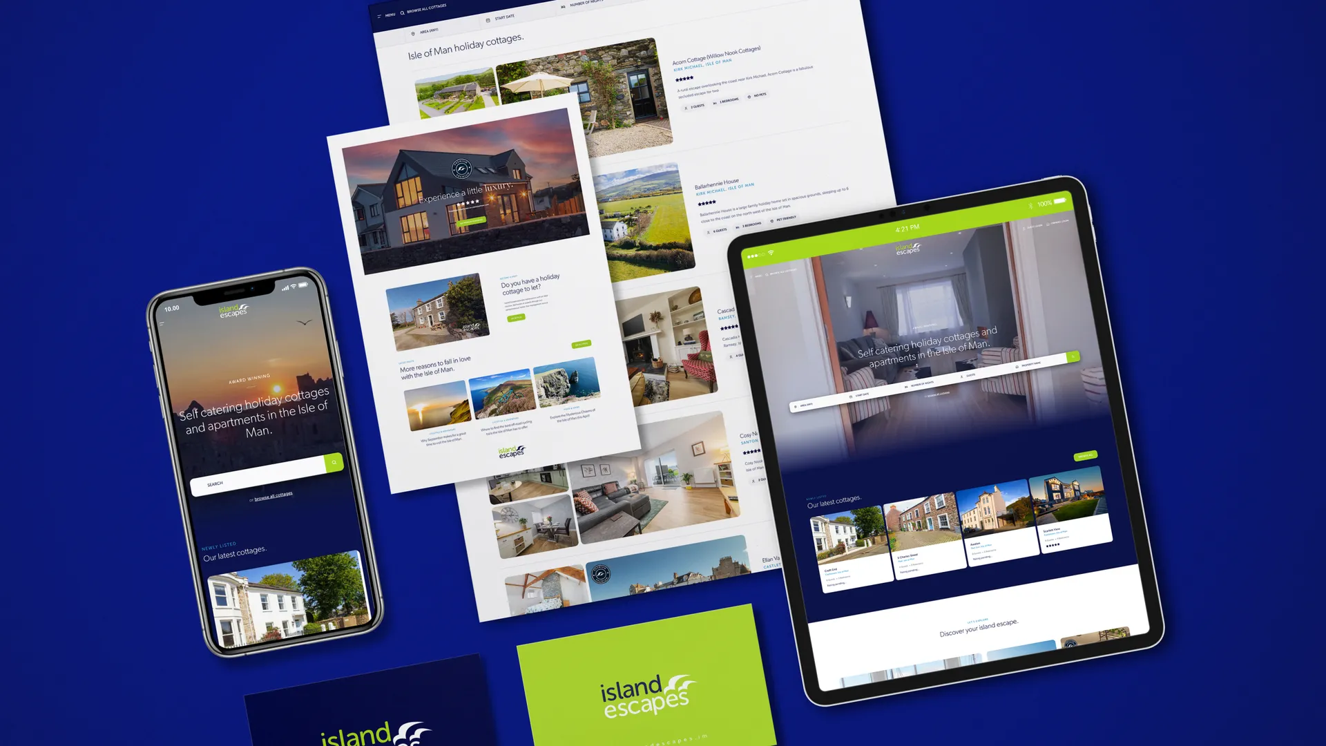 Island Escapes website designed by DotPerformance displayed across mobile, tablet and desktop, showing Isle of Man self-catering holiday cottages and apartments alongside brand identity on dark and green backgrounds