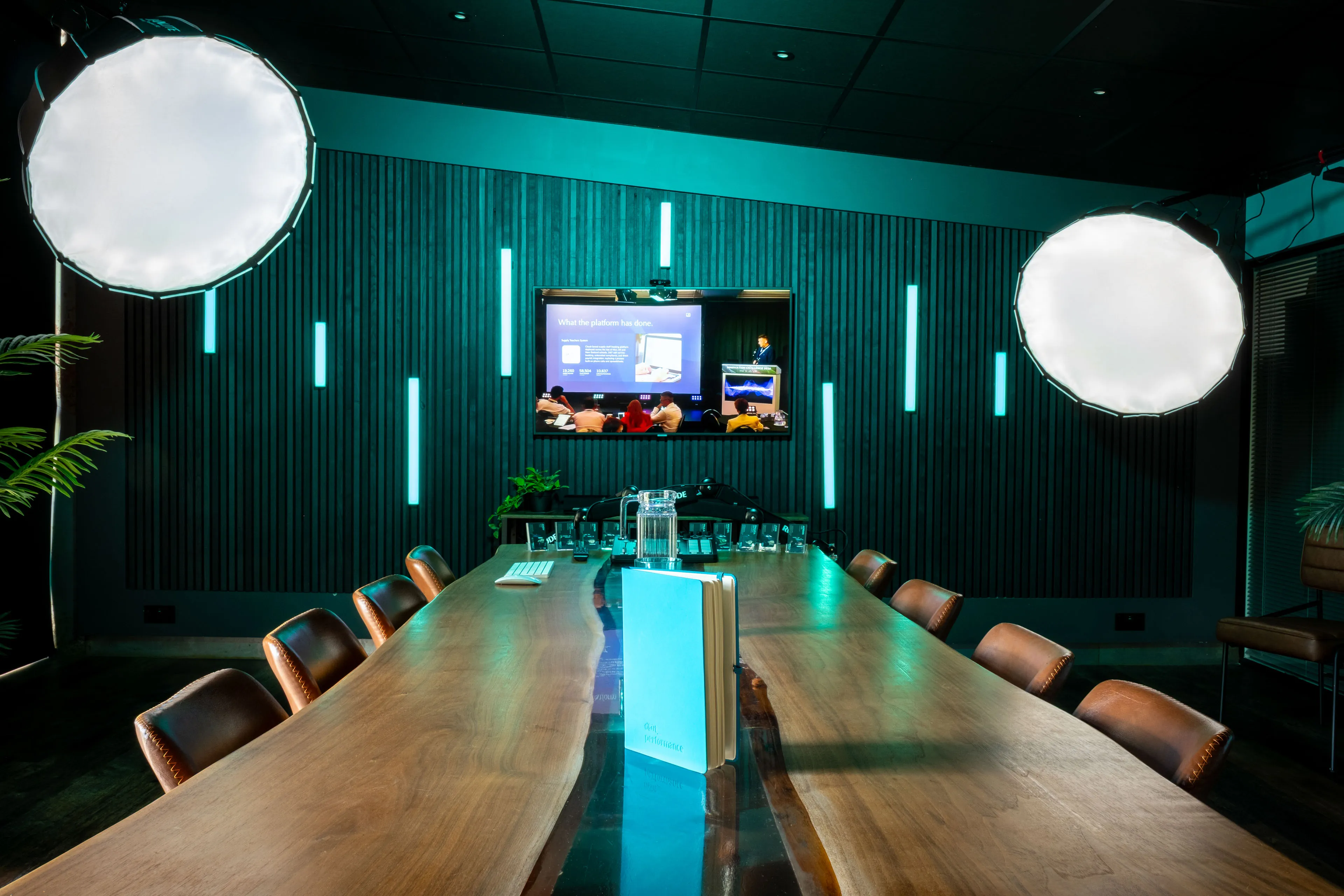 Wide view of the DotPerformance boardroom with Andy Orton presenting the workforce platform to the audience, shown on the studio's wall-mounted screen