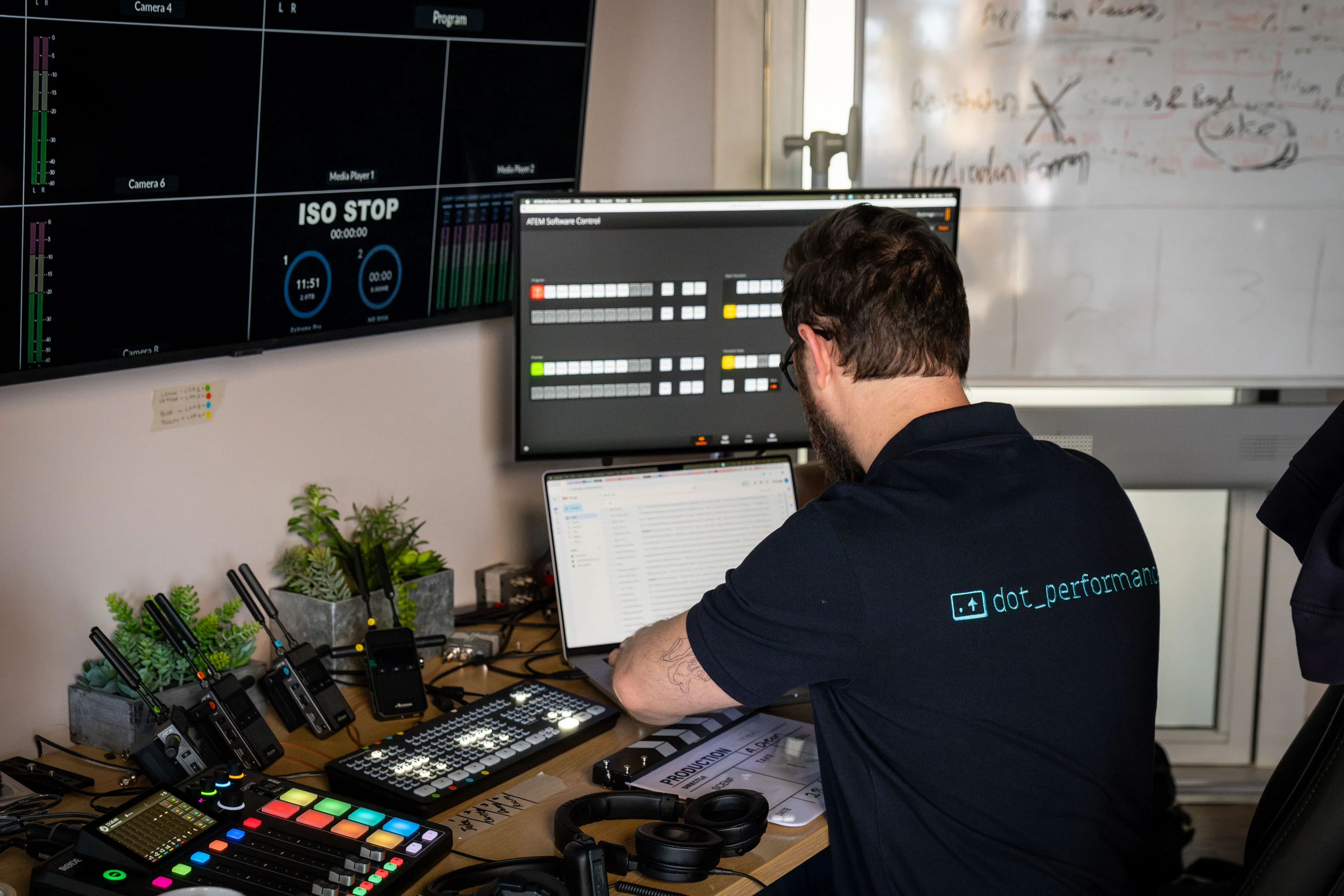 Nico van Loggerenberg in a DotPerformance branded top operating the Blackmagic ATEM software control panel and studio desk with wireless transmitters, audio mixer and monitoring screens showing ISO stop status during a podcast production on the Isle of Man