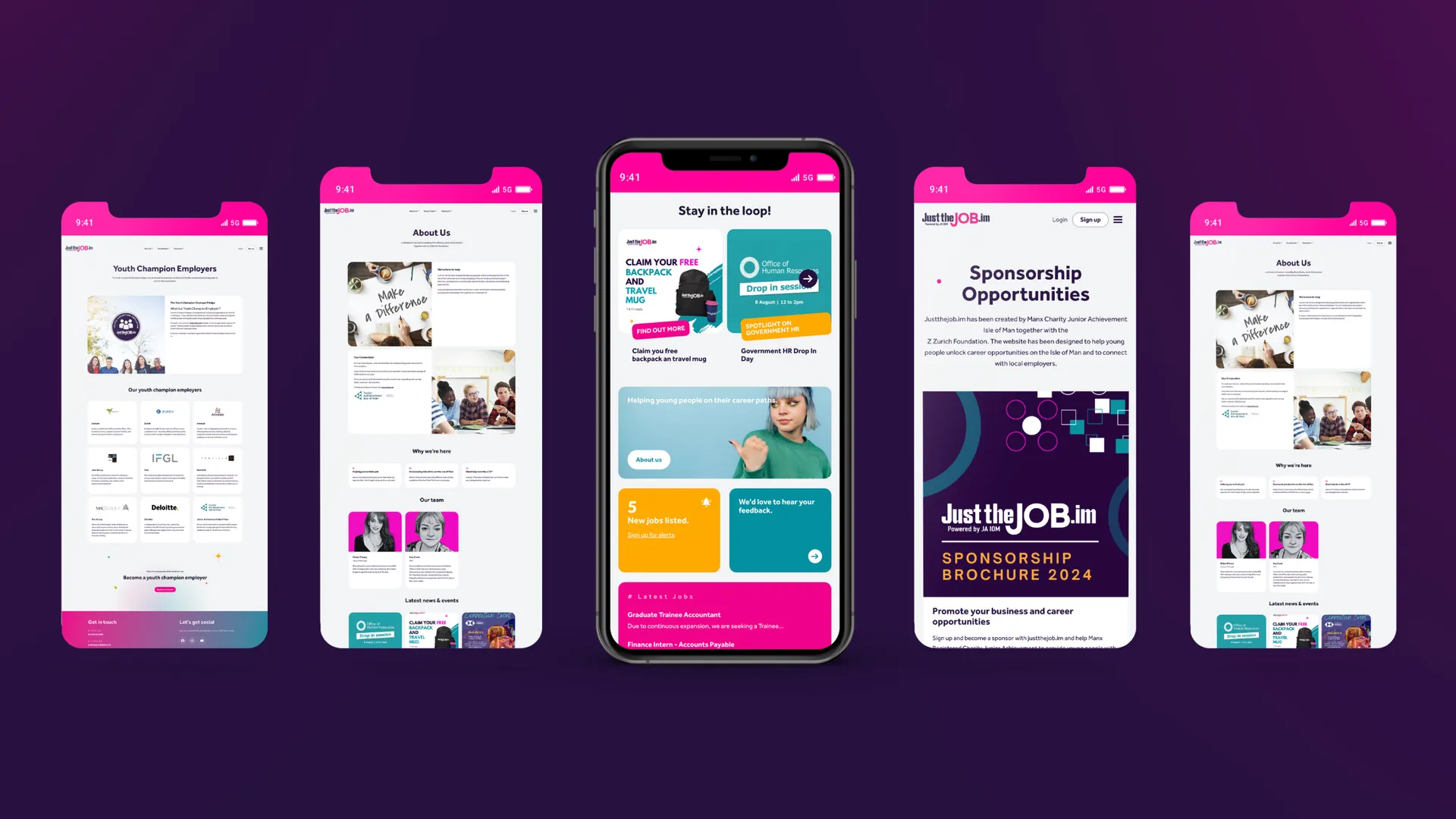 Three smartphone mockups showing the Just the Job platform designed by DotPerformance, including the About Us page, Stay in the Loop news feed, and the Just the Job Sponsorship Brochure 2024