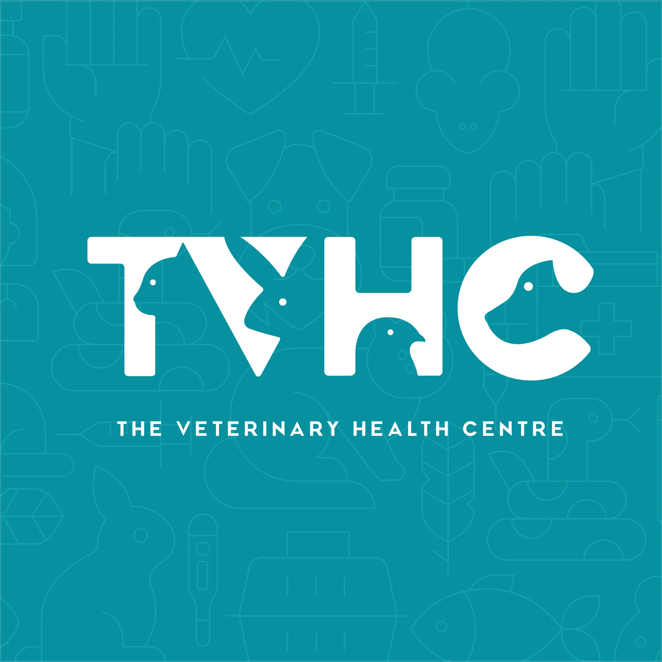 TVHC The Veterinary Health Centre logo on a teal background designed by DotPerformance, with animal silhouettes hidden within the letterforms and a veterinary icon pattern in the background
