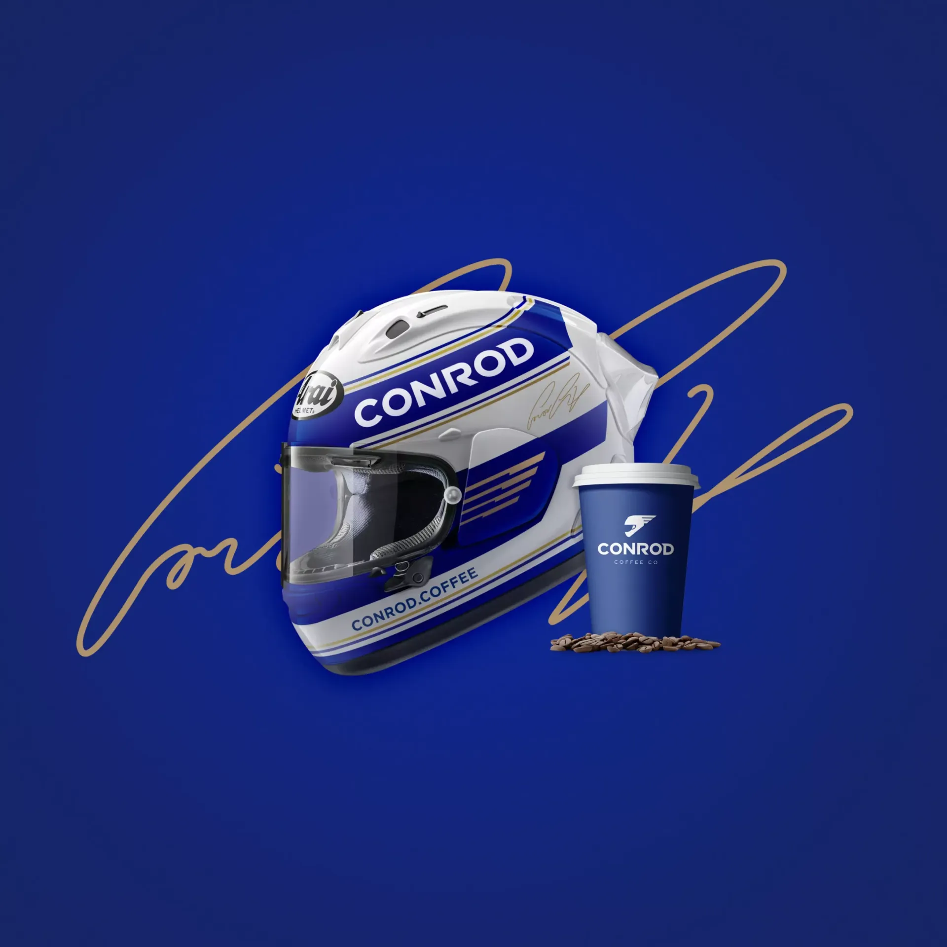 Conrod Coffee Co TT 2024 motorcycle helmet design by Pete Jones, shown alongside a branded Conrod Coffee Co cup and coffee beans