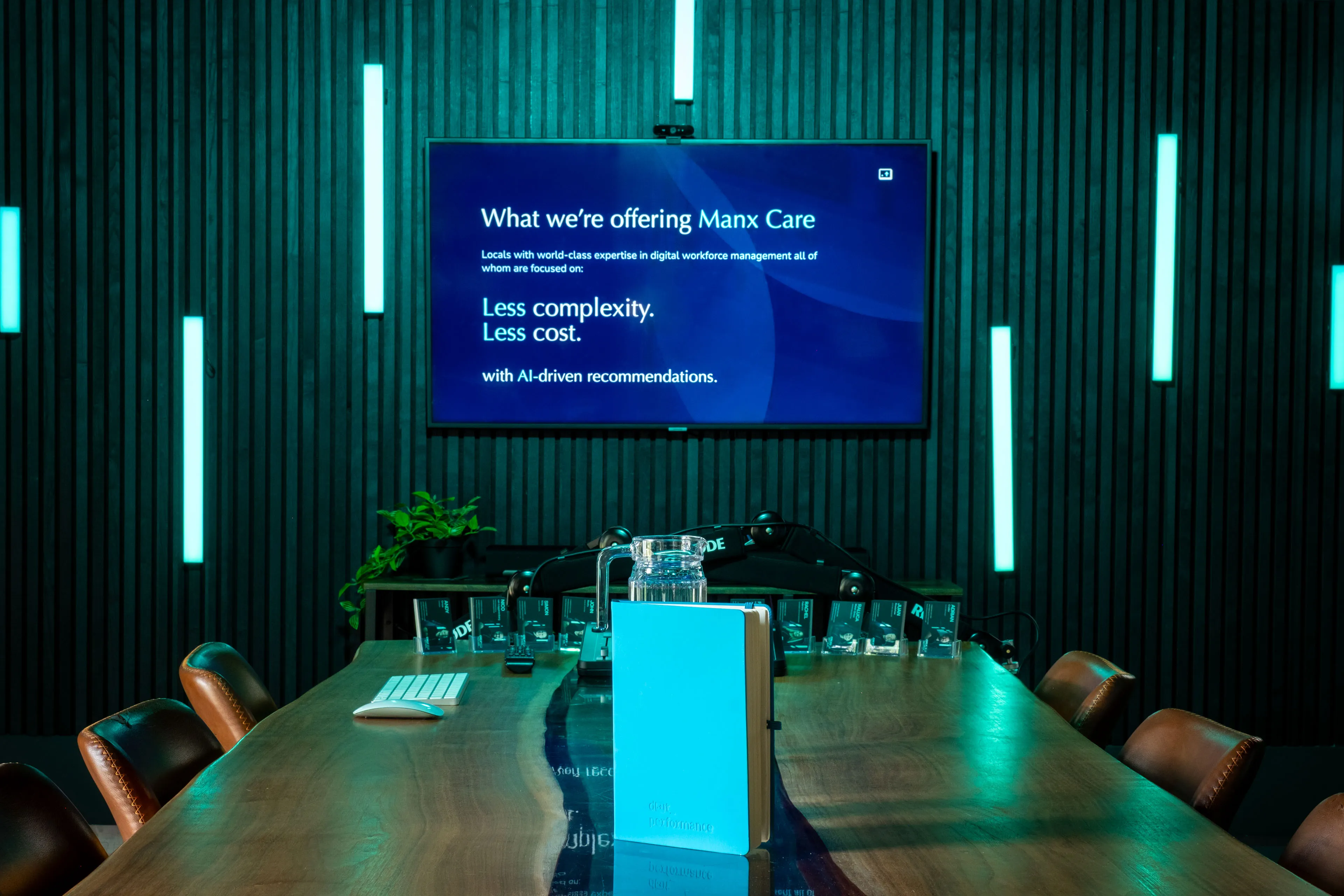 DotPerformance boardroom screen showing the "What we're offering Manx Care" slide during the Innovation Challenge 2026 presentation