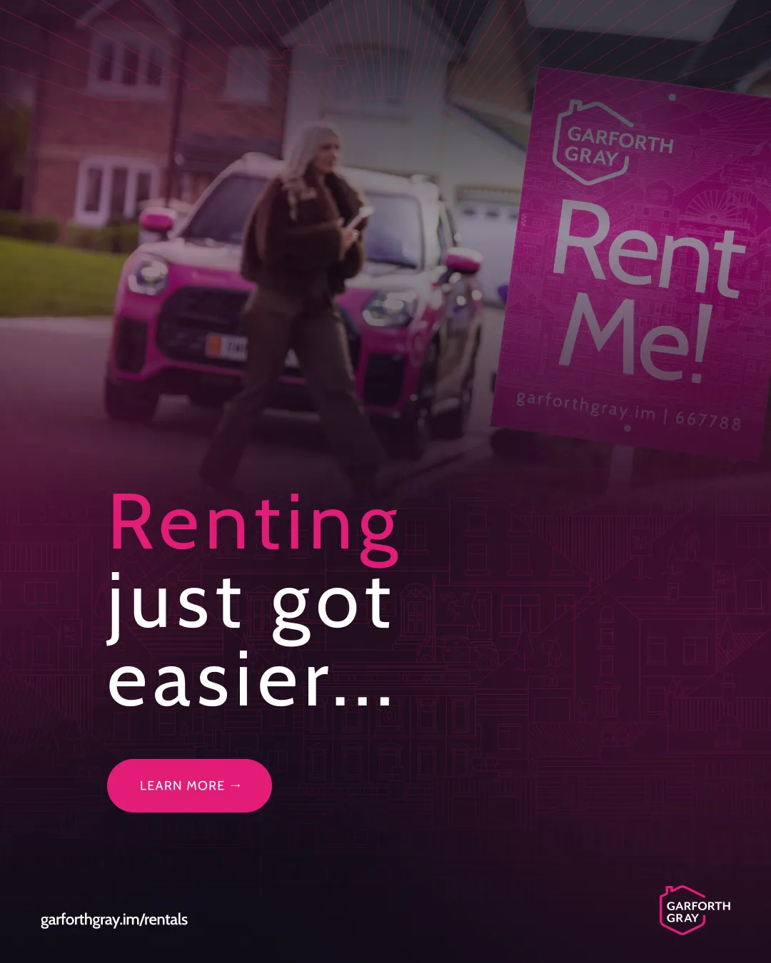 A woman walks past a pink car with a "Rent Me!" sign. Text overlay reads "Renting just got easier…" in vibrant pink. Promotional tone.