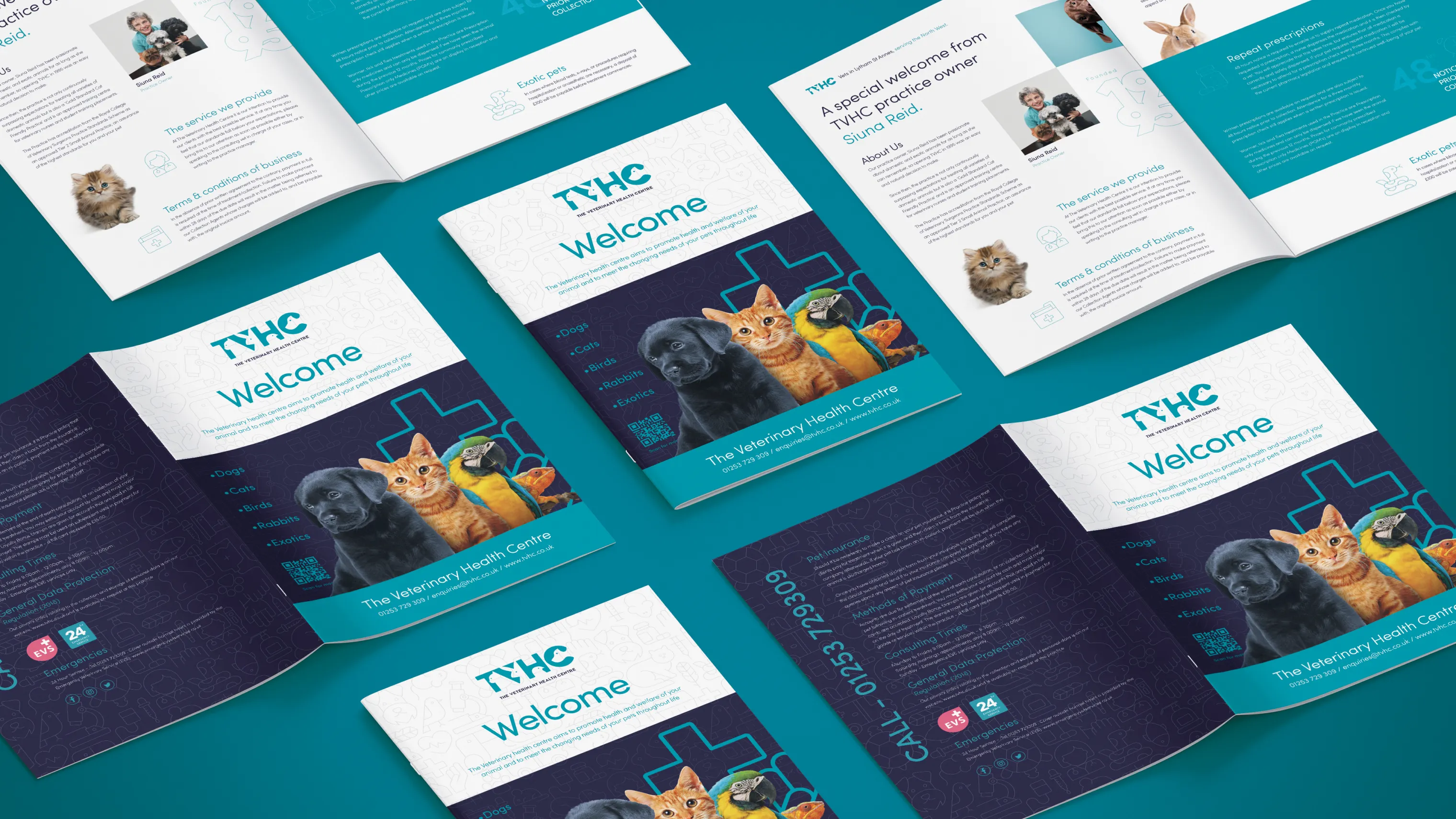 TVHC printed materials designed by DotPerformance including the Exotics Pack leaflet, Welcome Pack booklet, business cards and branded envelope for The Veterinary Health Centre in Lytham St Annes
