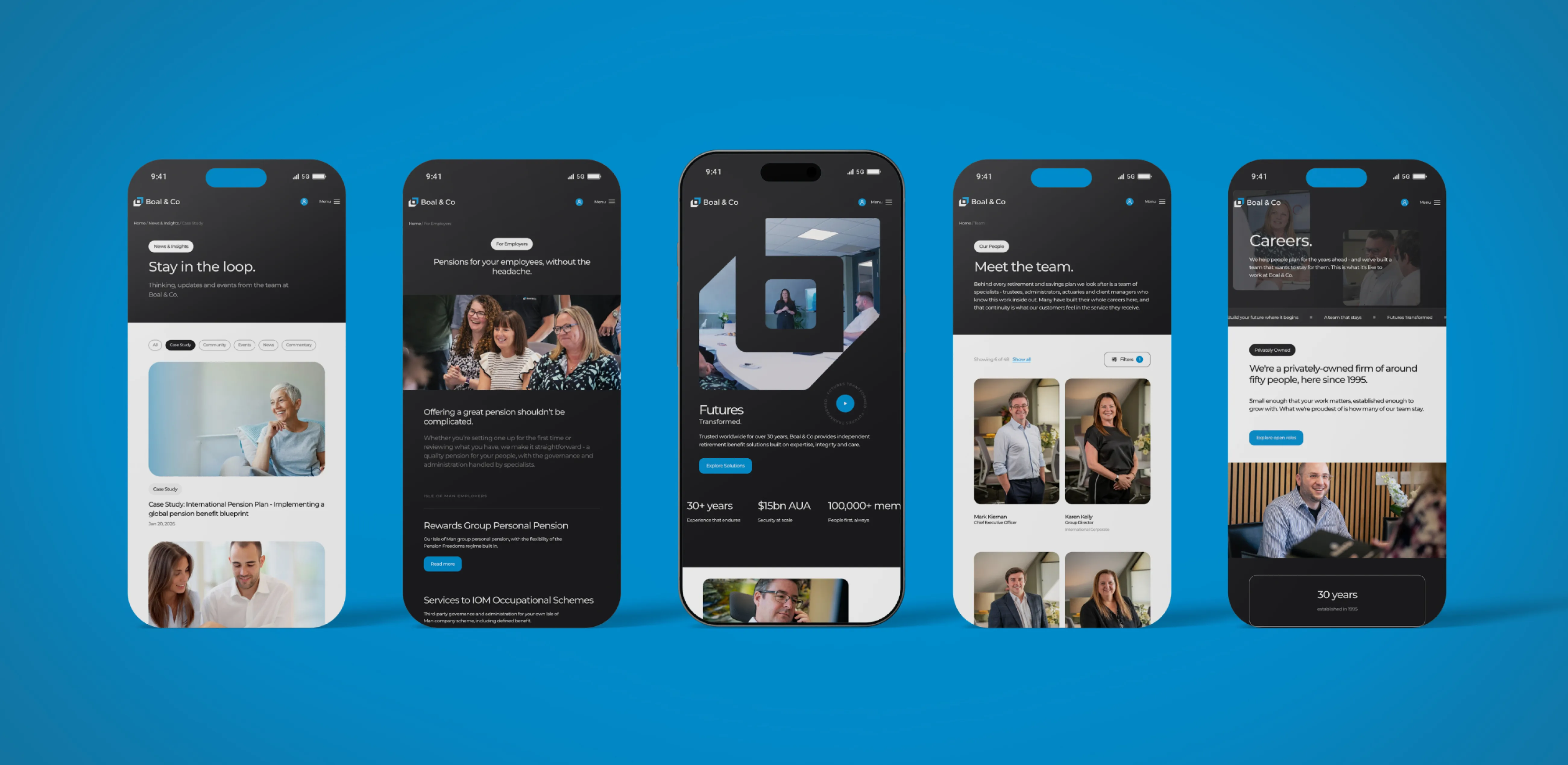 Five phones showing the mobile Boal & Co website: news, an employer page, the homepage, Meet the Team and Careers