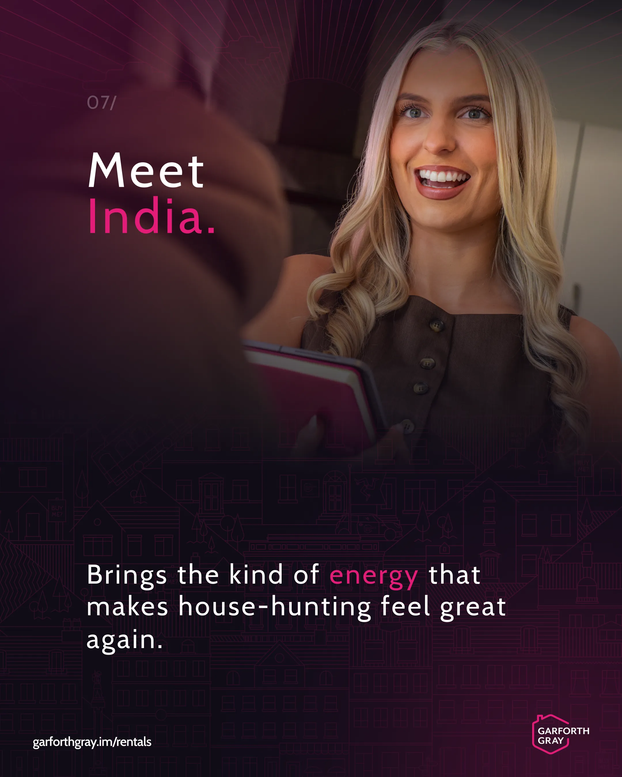 Young woman smiling enthusiastically, holding a tablet. Text reads: "Meet India. Brings energy to house-hunting." Warm, welcoming tone in real estate ad.