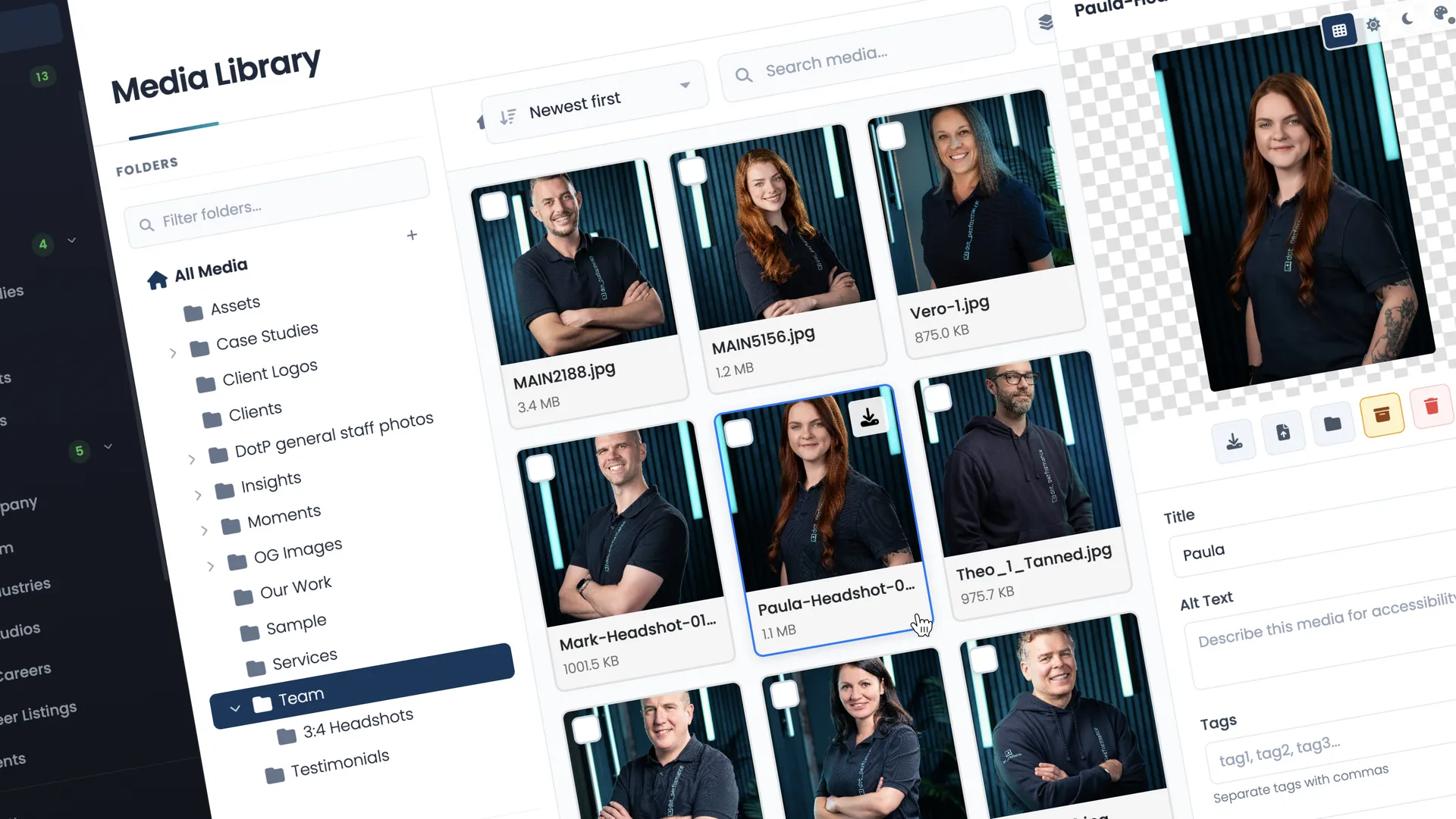 The DotP CMS media library interface showing the Team headshots folder, with folder navigation, asset grid, and a metadata panel displaying title, alt text and tags fields for a selected image
