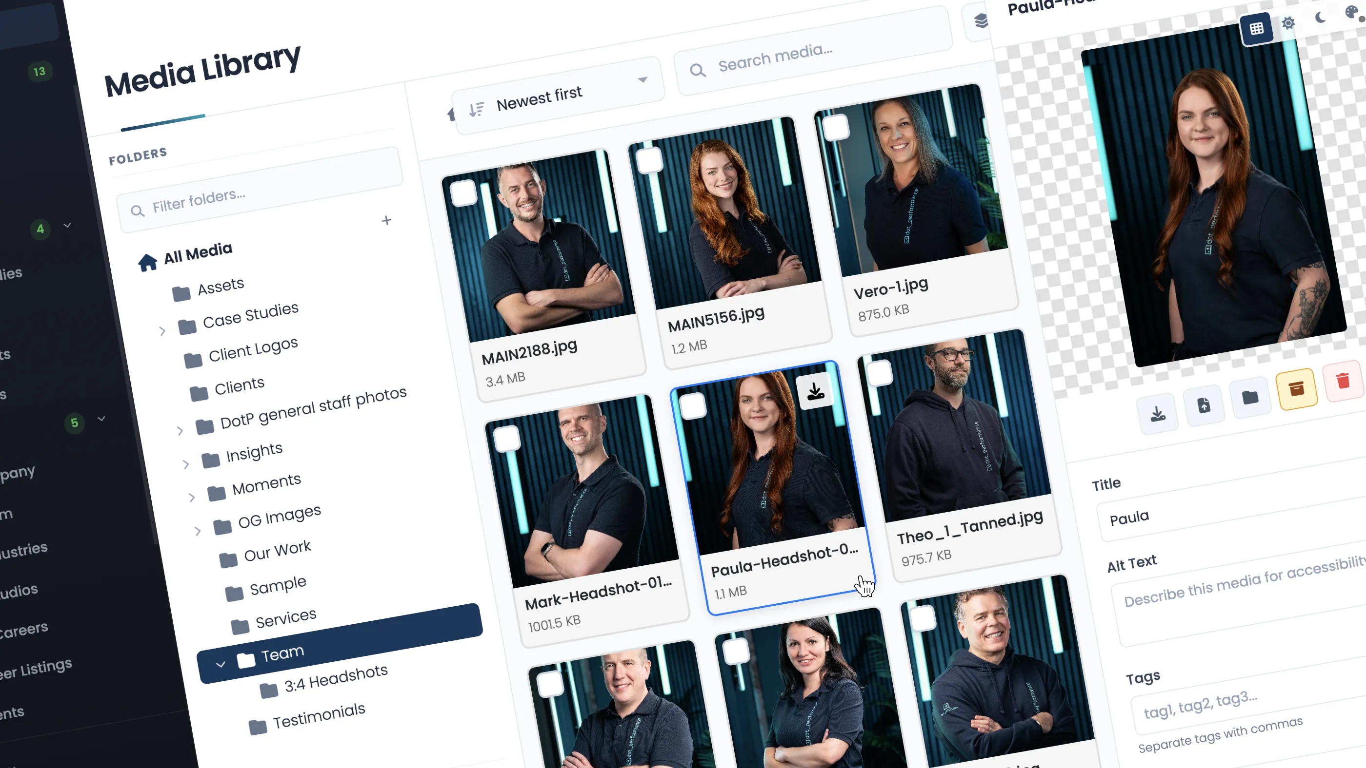 The DotP CMS media library interface showing the Team headshots folder, with folder navigation, asset grid, and a metadata panel displaying title, alt text and tags fields for a selected image