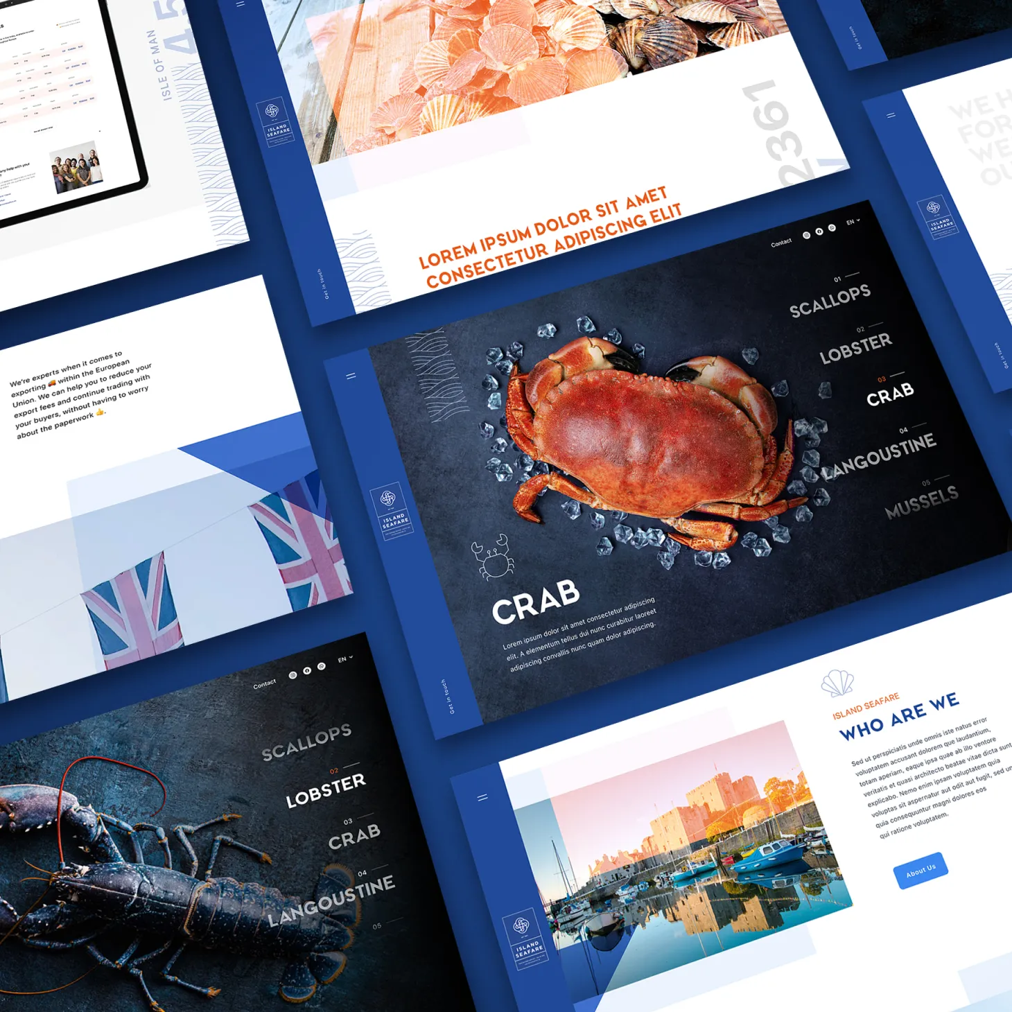 Island Seafare website design by DotPerformance displayed across multiple angled screens showing crab product page, lobster listing, who we are section and Isle of Man harbour photography