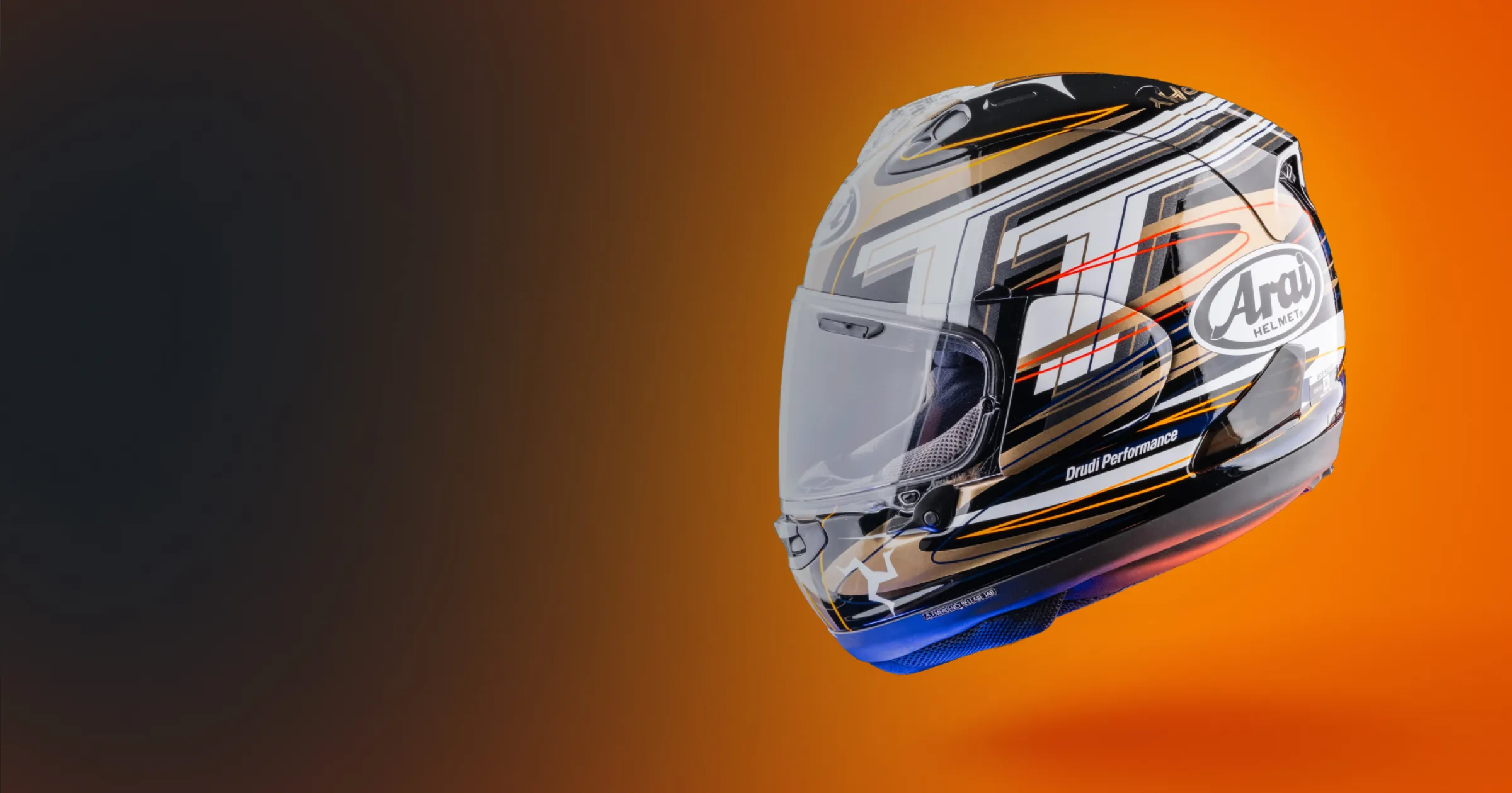Arai RX 7V EVO Helmet, limited edition for TT 2026. On orange background for tt marshals.