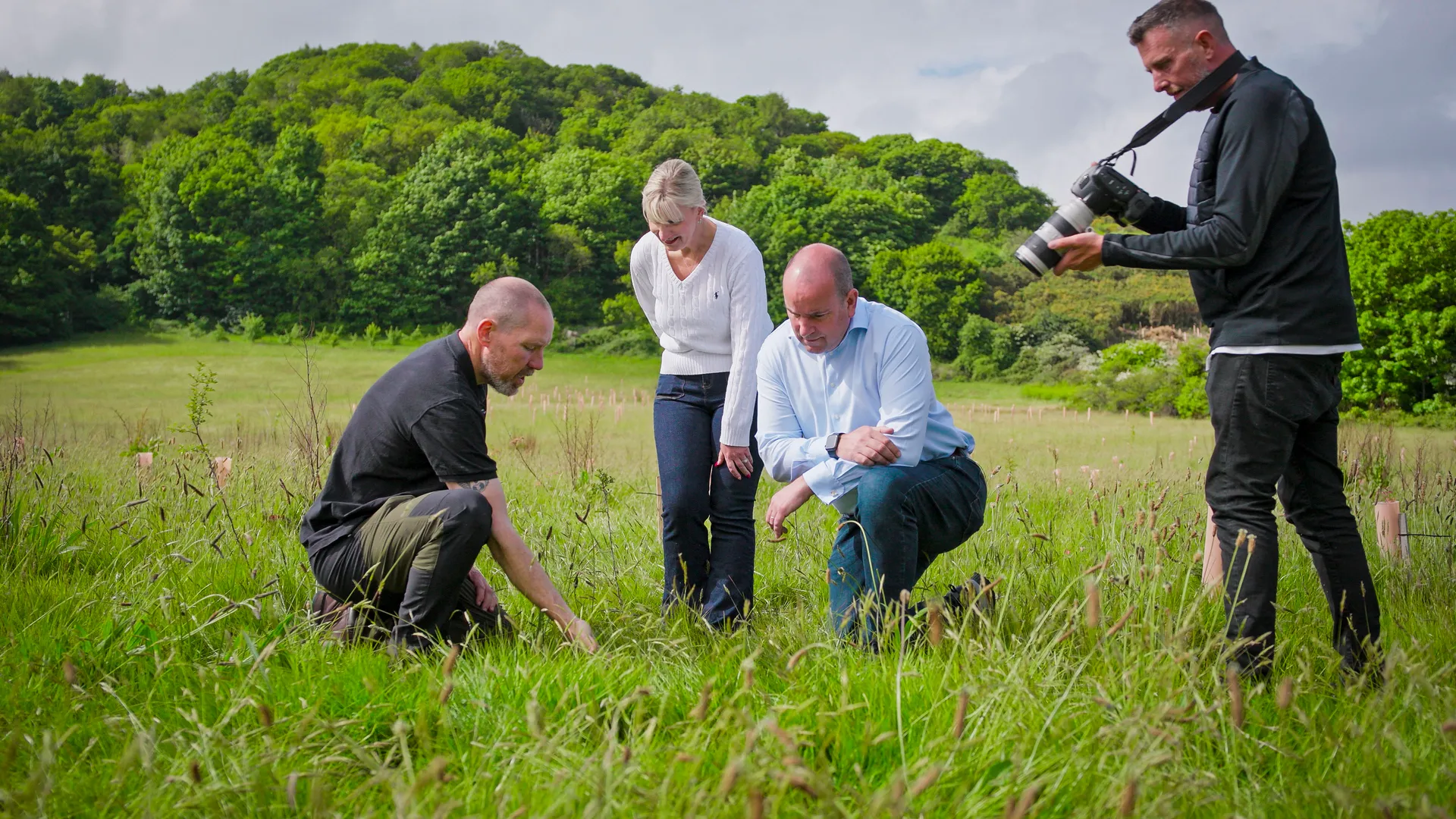 Four people in a lush, green field examine the grass. Two kneel closely inspecting, one stands observing, and another holds a camera. The scene is focused and serene.