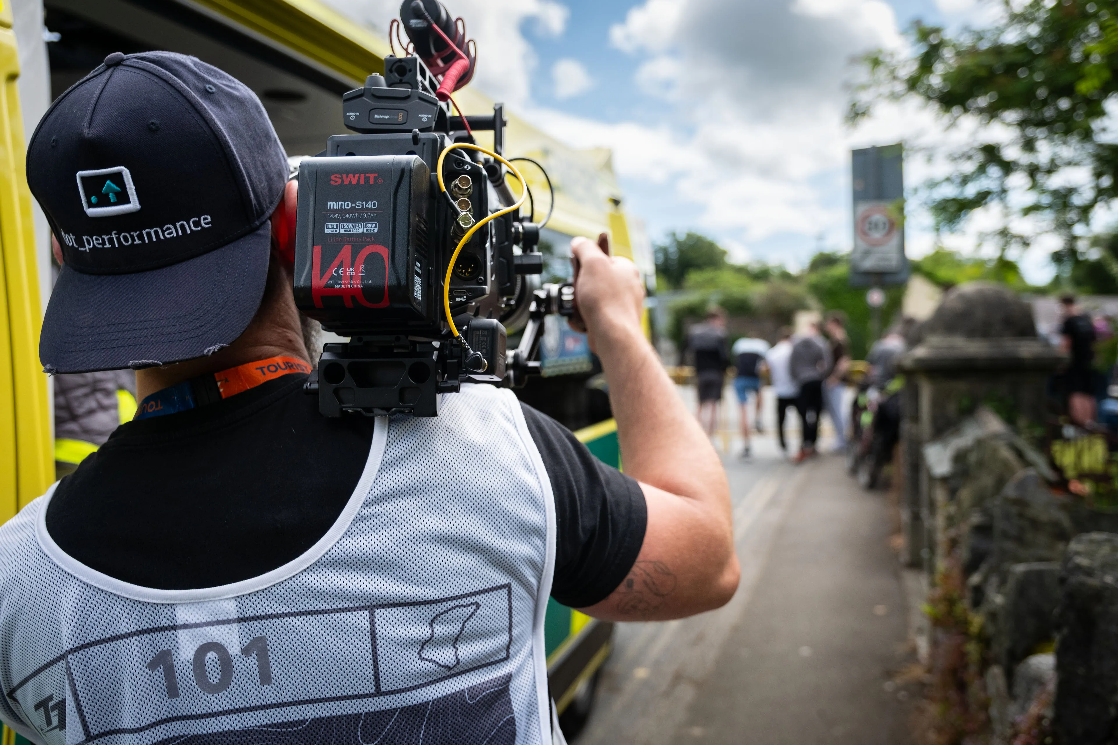 Close-up of Nico van Loggerenberg's camera rig while filming details of a St John Ambulance vehicle during the TT races