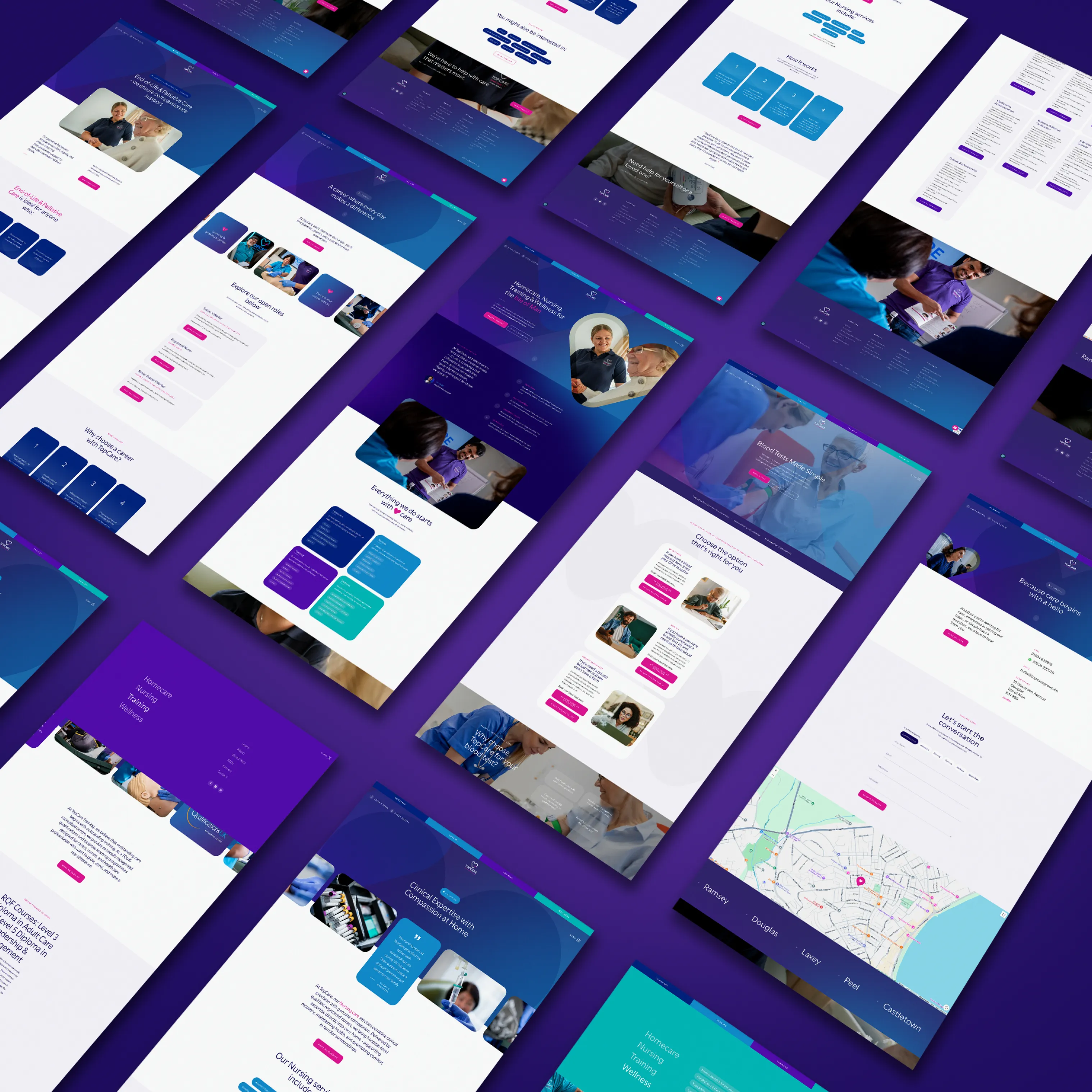 Overhead flatlay of TopCare brand identity design sheets showing colour palette, typography, and UI components