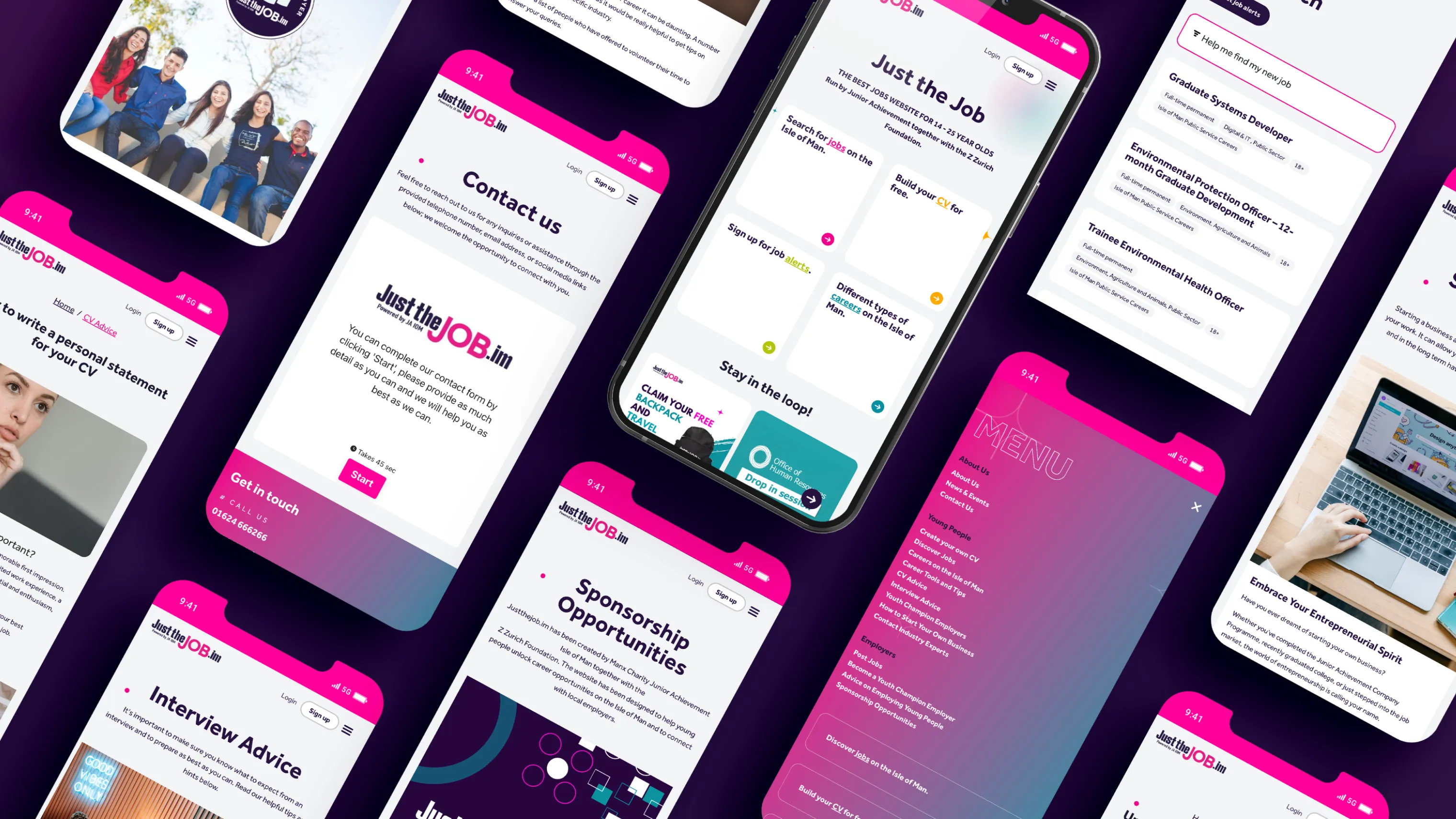 Multiple smartphone mockups of the Just the Job platform designed by DotPerformance, showing the Contact Us page, homepage, interview advice, sponsorship opportunities, navigation menu, and job listings for the Isle of Man youth employment website