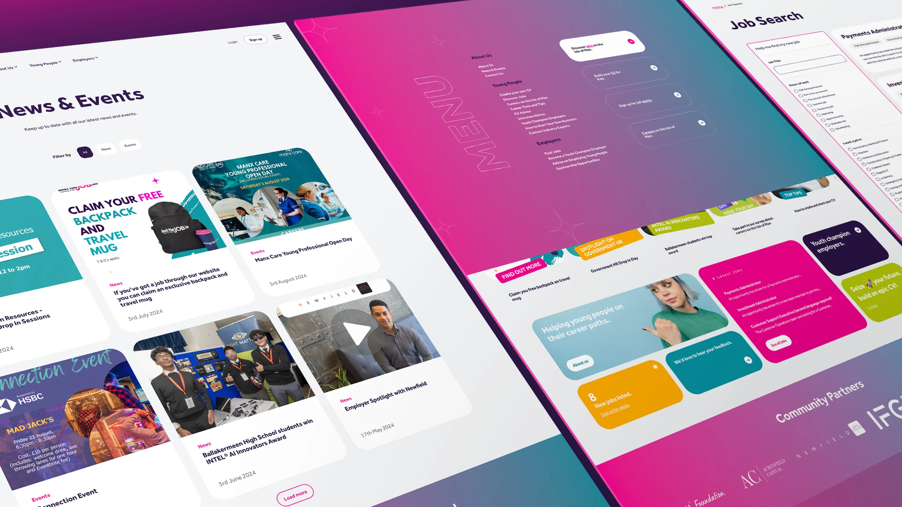 Desktop mockups of the Just the Job News and Events page and homepage designed by DotPerformance, showing articles, employer spotlights, job listings, and the community partners section