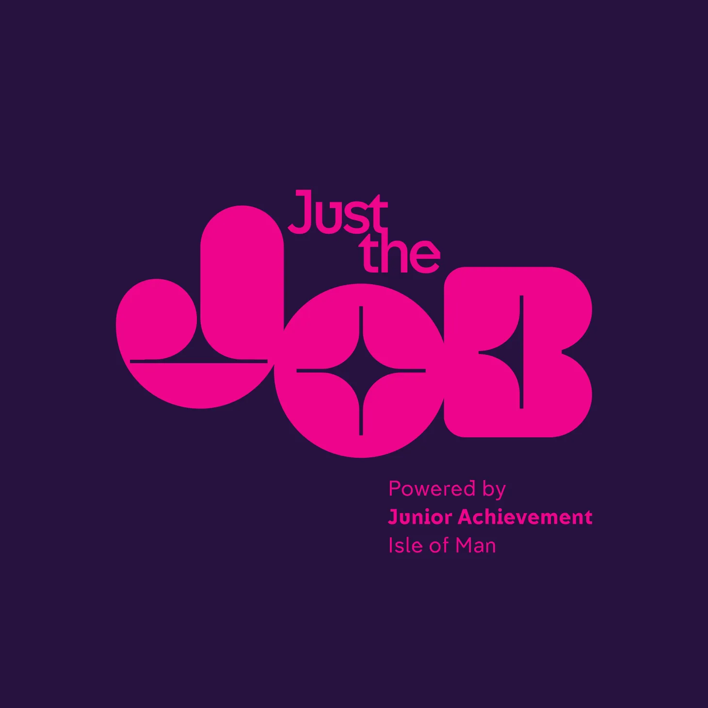 Just the Job wordmark in pink on a deep purple background, designed by DotPerformance for the Junior Achievement Isle of Man youth employment platform