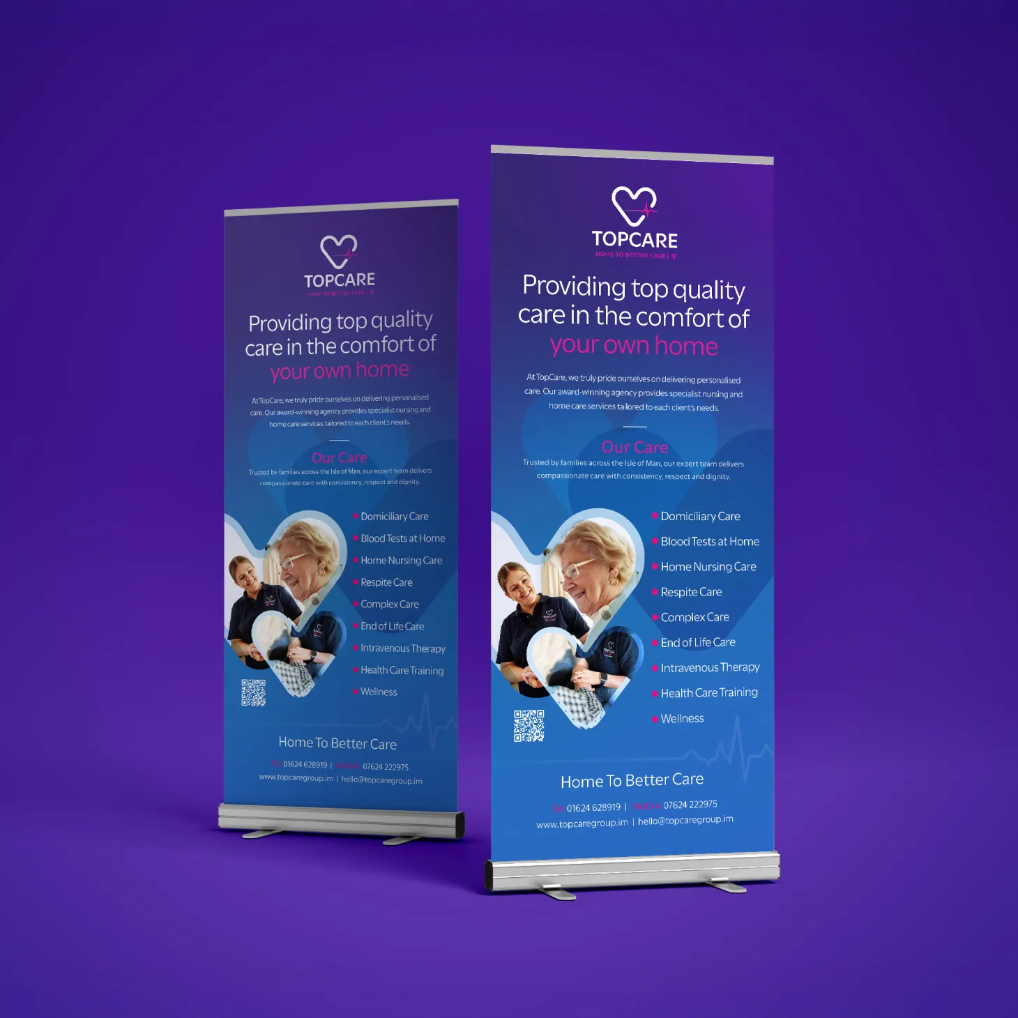 Two TopCare roller banners designed by DotPerformance, promoting homecare, nursing, respite care, end of life care and health care training services on the Isle of Man