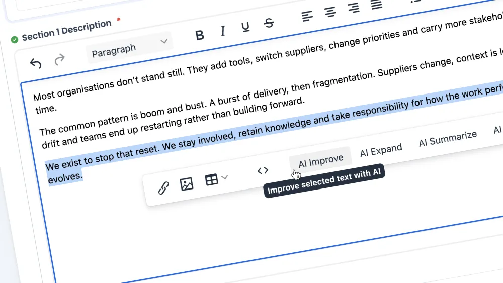 Screenshot of the DotPerformance CMS editor showing the AI Improve tool being activated on selected text, with AI Expand and AI Summarize options also visible in the editing toolbar