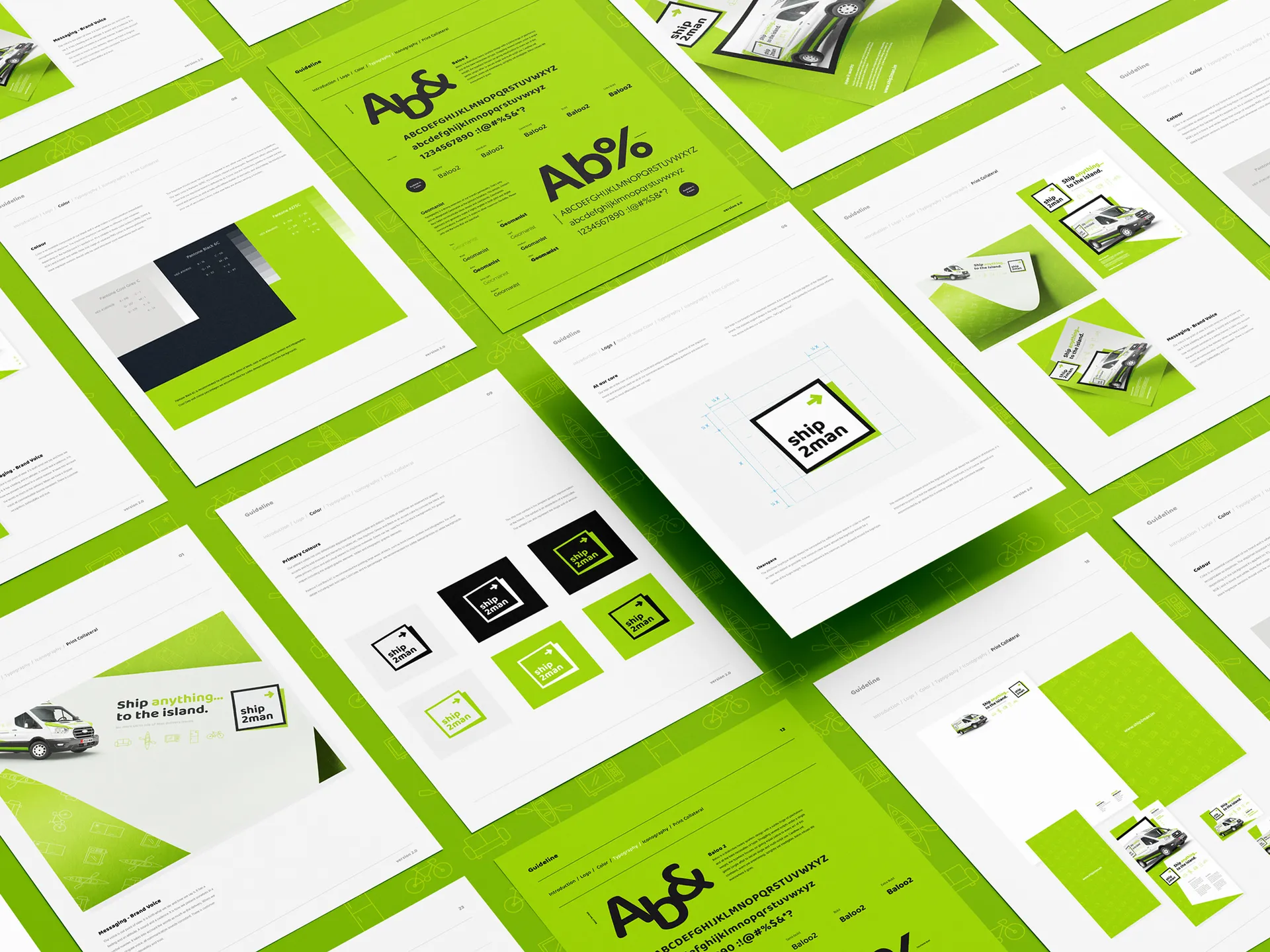 Ship2Man brand guidelines document pages shown in a diagonal grid layout including typography, logo variations, colour palette, and vehicle livery applications, created by DotPerformance