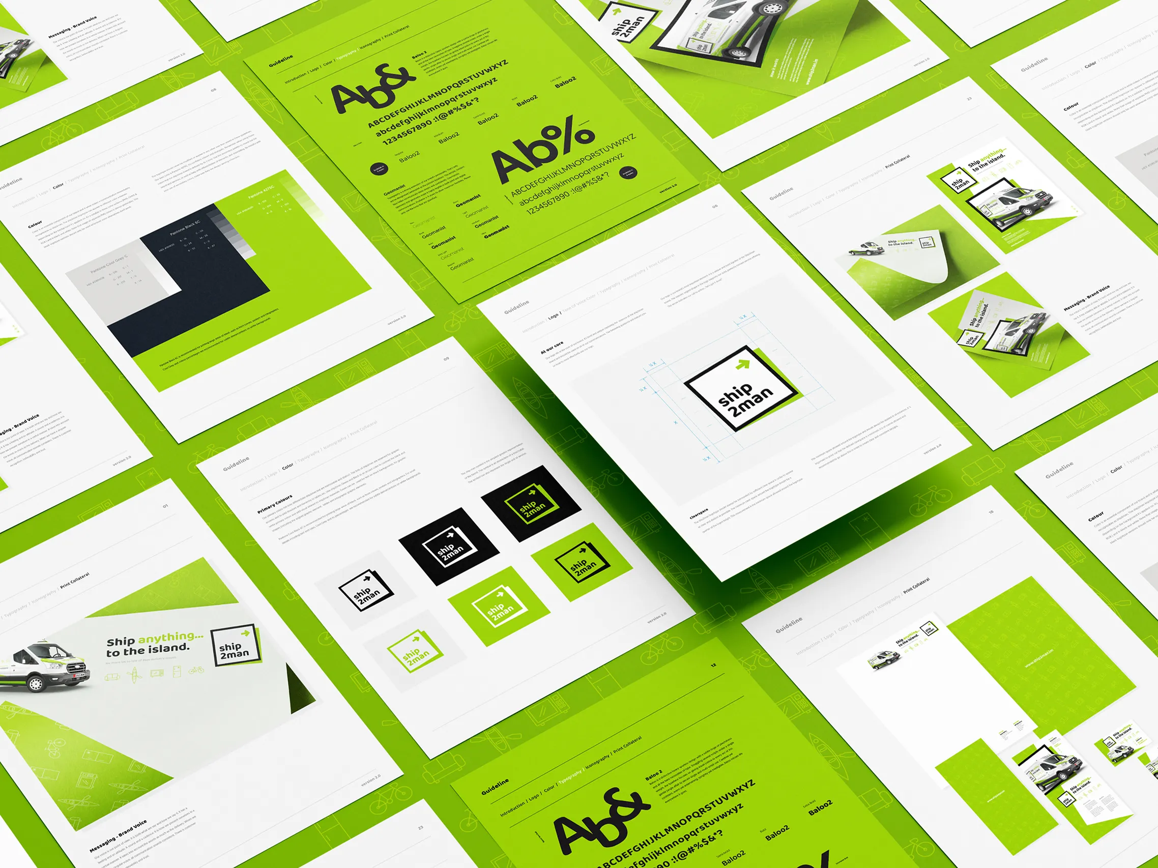 Ship2Man brand guidelines document pages shown in a diagonal grid layout including typography, logo variations, colour palette, and vehicle livery applications, created by DotPerformance