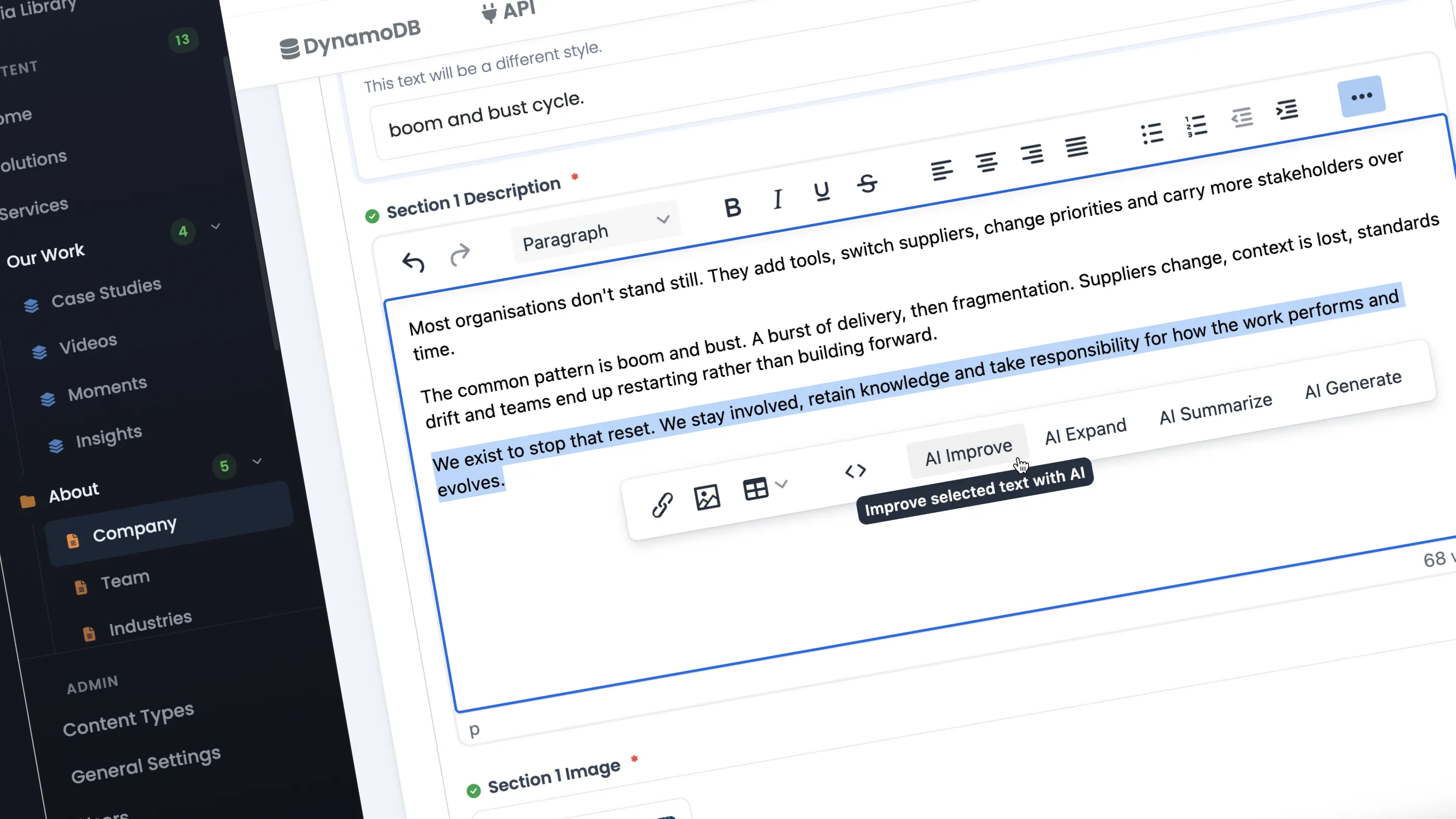 Screenshot of the DotPerformance CMS editor showing the AI Improve tool being activated on selected text, with AI Expand and AI Summarise options also visible in the editing toolbar