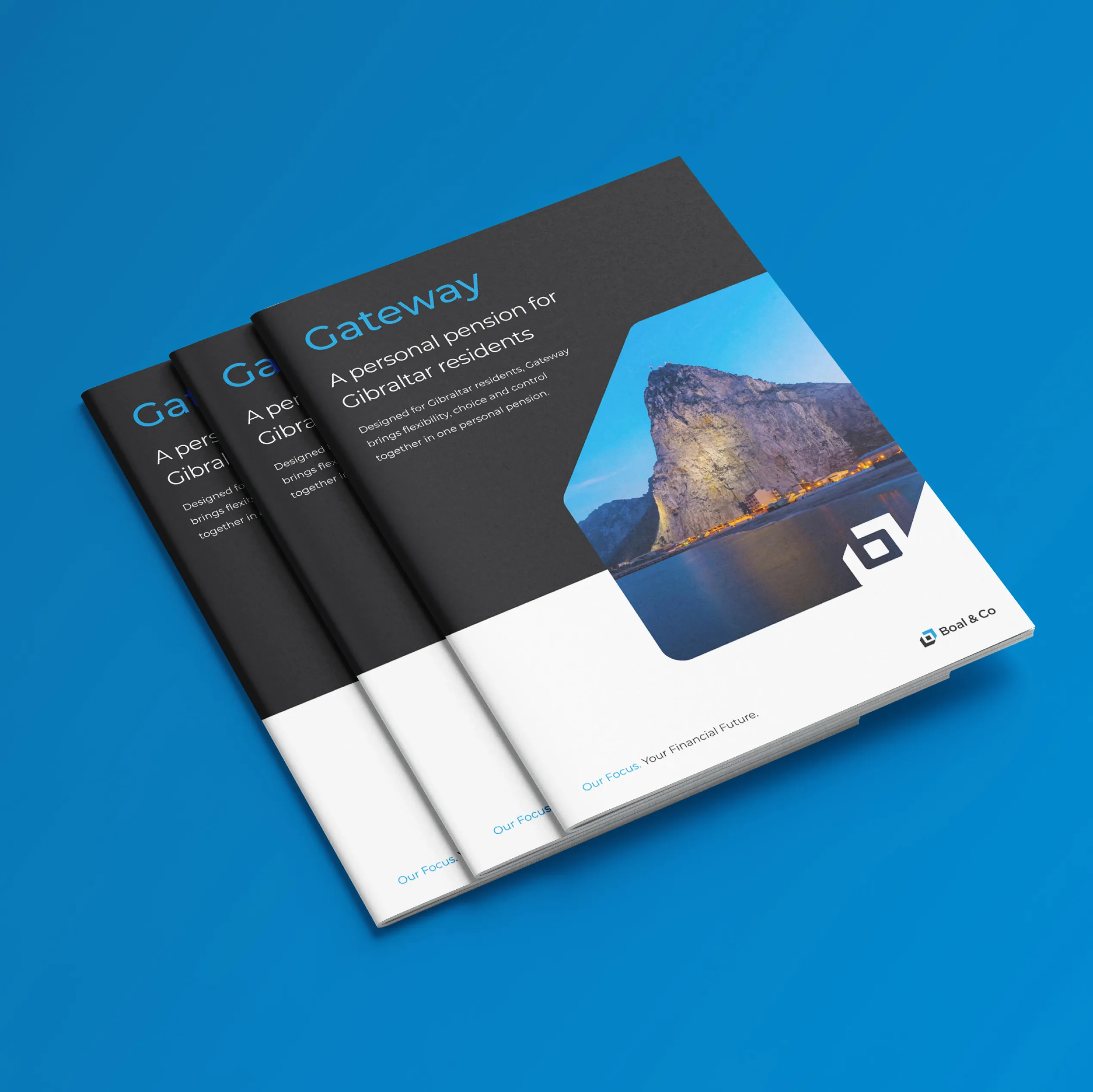 Boal & Co Gateway brochures for a personal pension for Gibraltar residents, with the Rock of Gibraltar on the cover