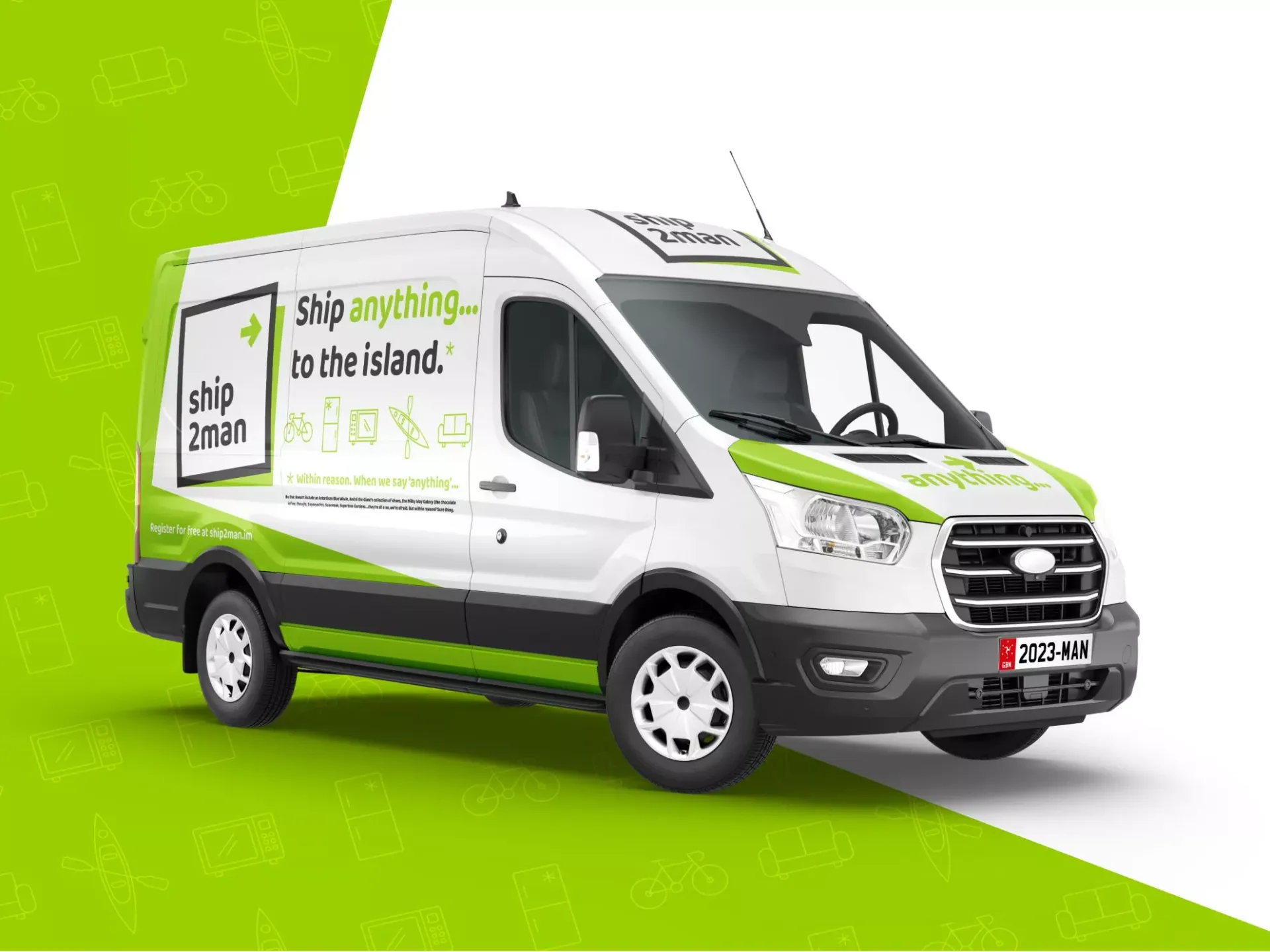 Ship2Man delivery van with green and white brand livery showing the Ship anything to the Island tagline on the side panel, Isle of Man registration plate, designed by DotPerformance