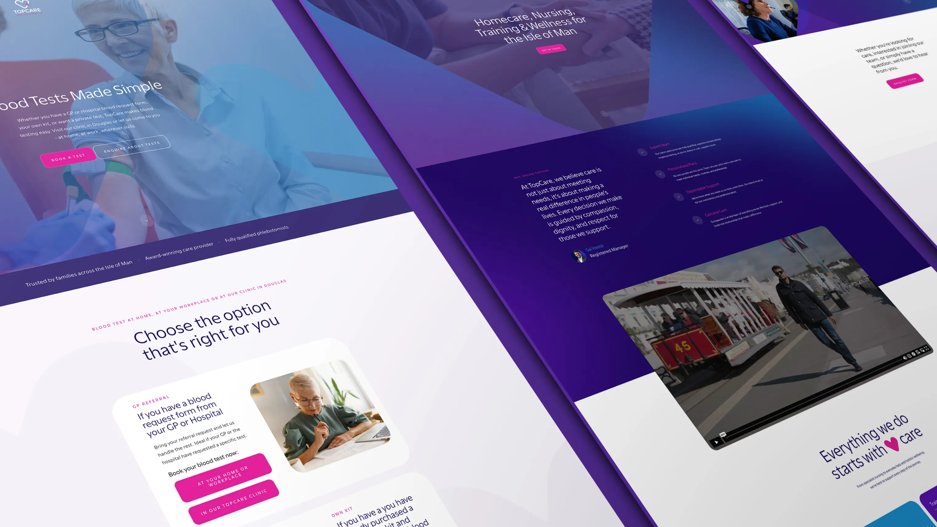 Flatlay of TopCare branded print and digital marketing materials including brochures and website designs on white and purple backgrounds