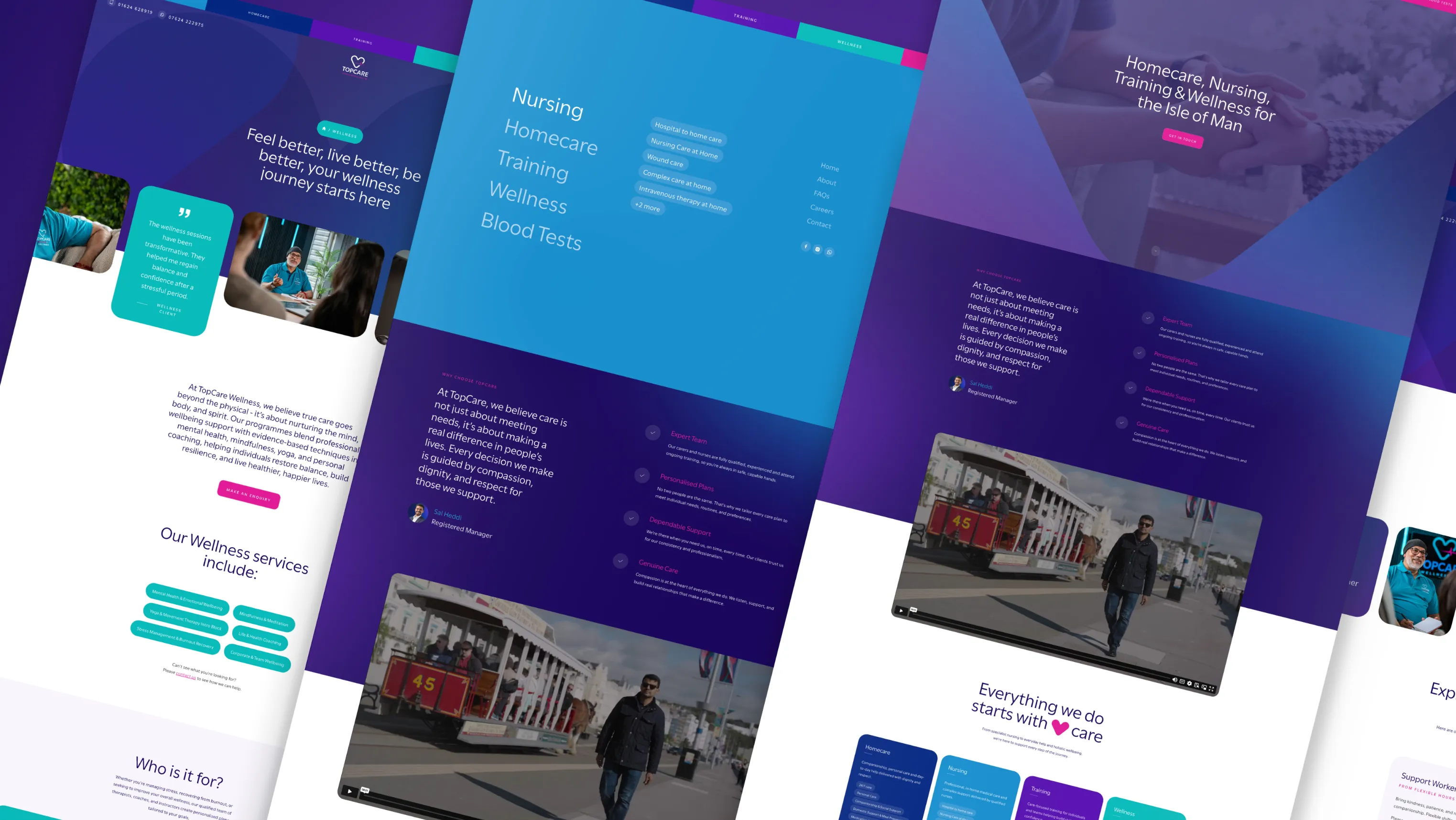 Flatlay of TopCare's website and brand design pages showing teal and purple colour scheme with homecare content