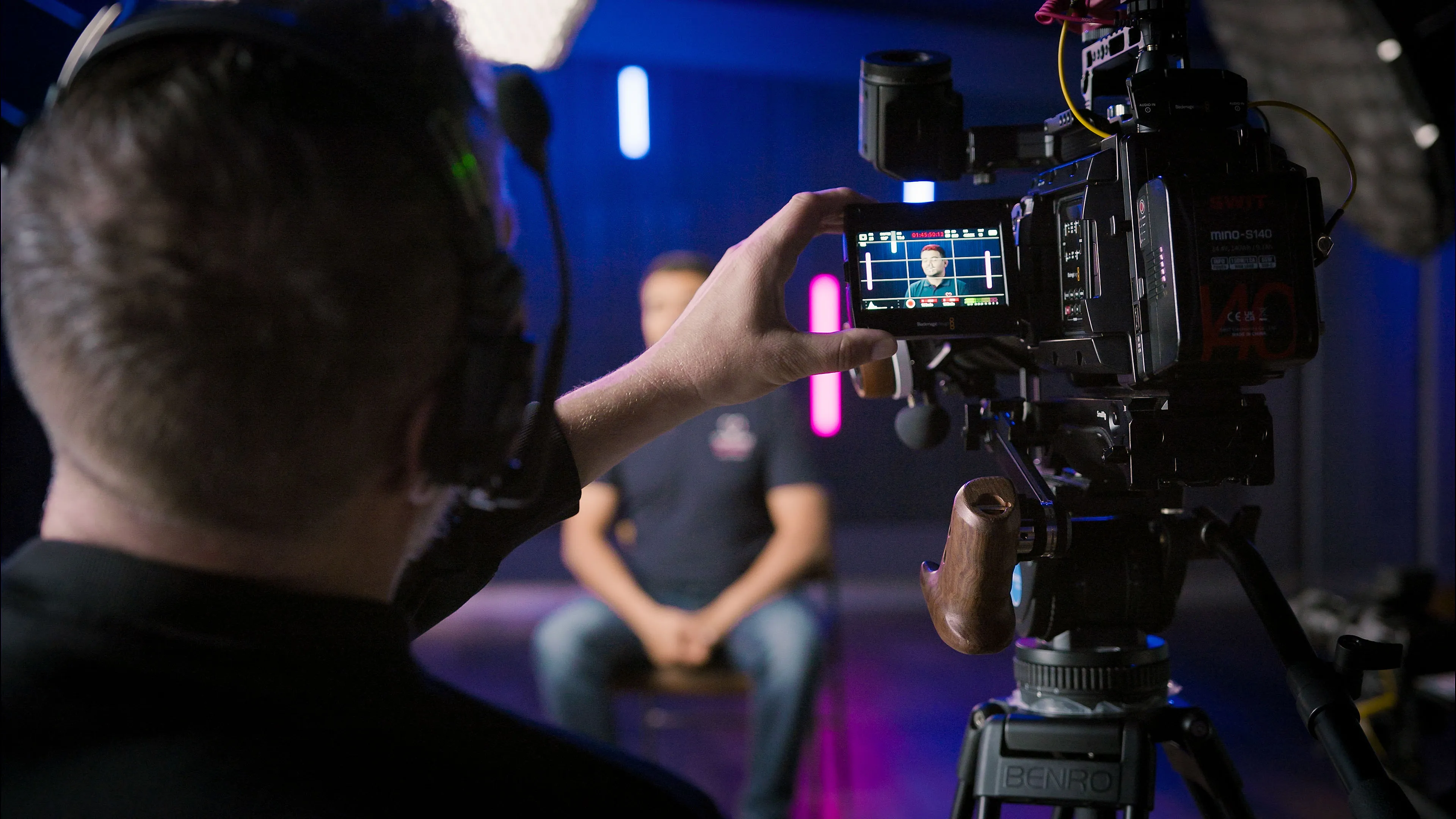 Andy Orton framing an Sal Heddi through an URSA Mini Pro 12K camera viewfinder in a DotPerformance's studio during a brand film production on the Isle of Man