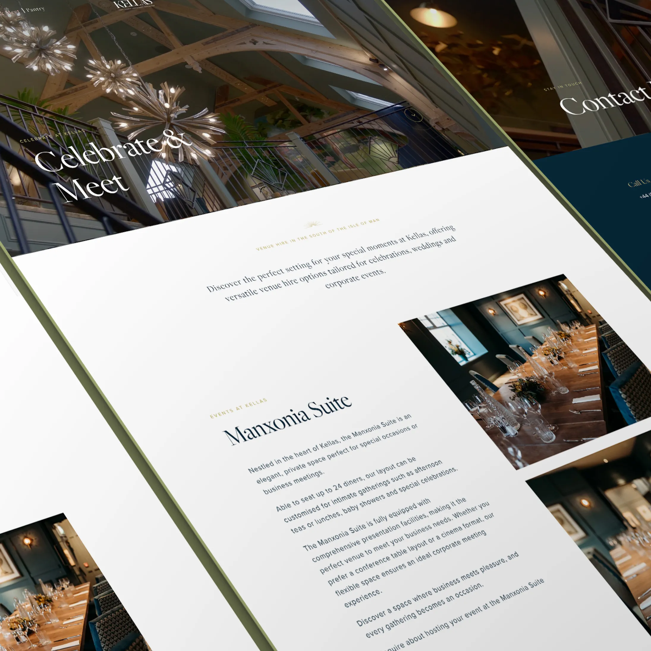 Kellas website designed by DotPerformance showing the Celebrate and Meet page with photography of the venue interior, the Manxonia Suite event space with a set dining table, and the contact page, for the Port St Mary, Isle of Man hospitality venue