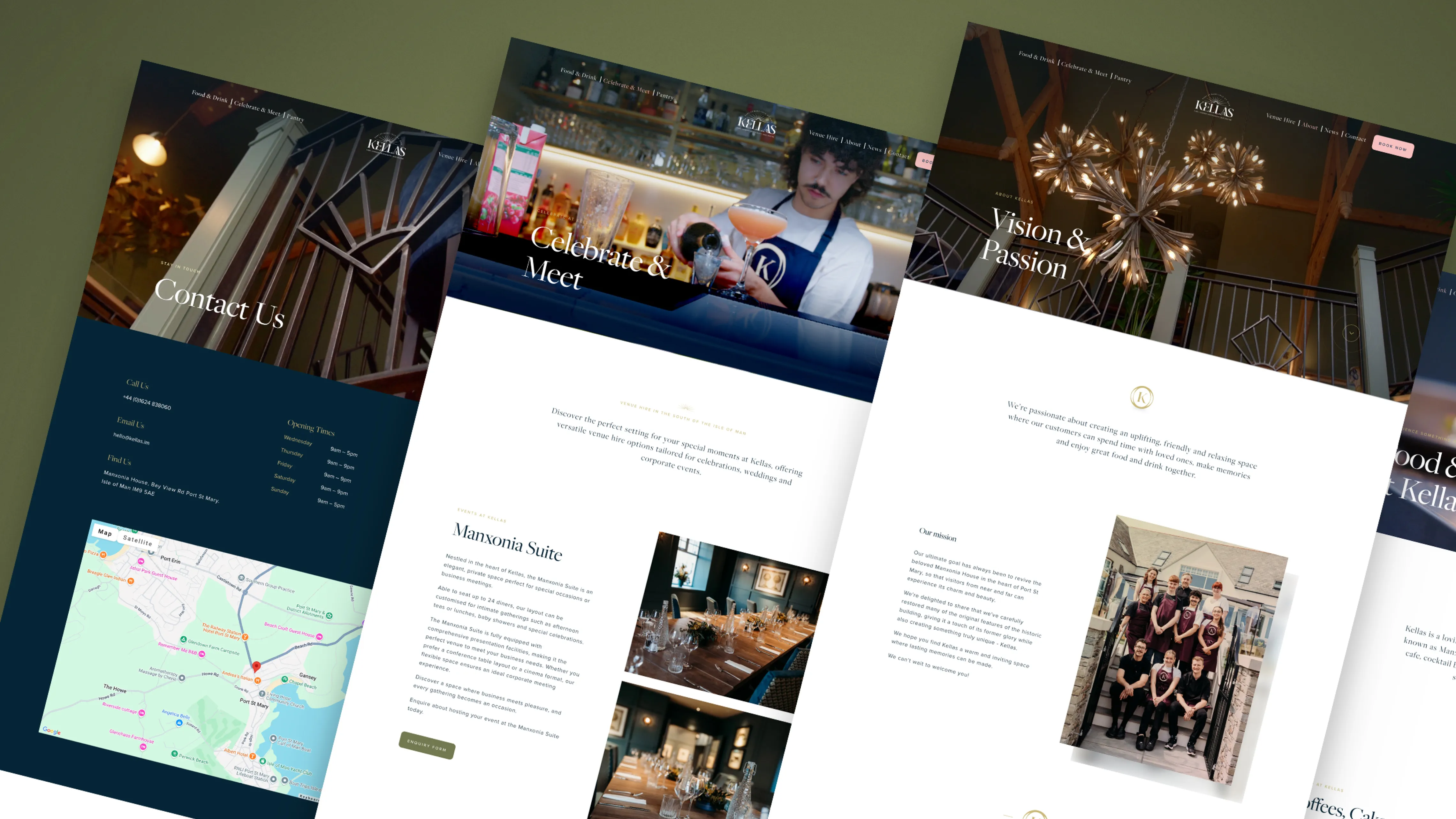 Kellas website designed by DotPerformance showing the Celebrate and Meet page, Manxonia Suite venue hire section, Vision and Passion page, and the original sun motif architectural detail from Manxonia House in Port St Mary, Isle of Man