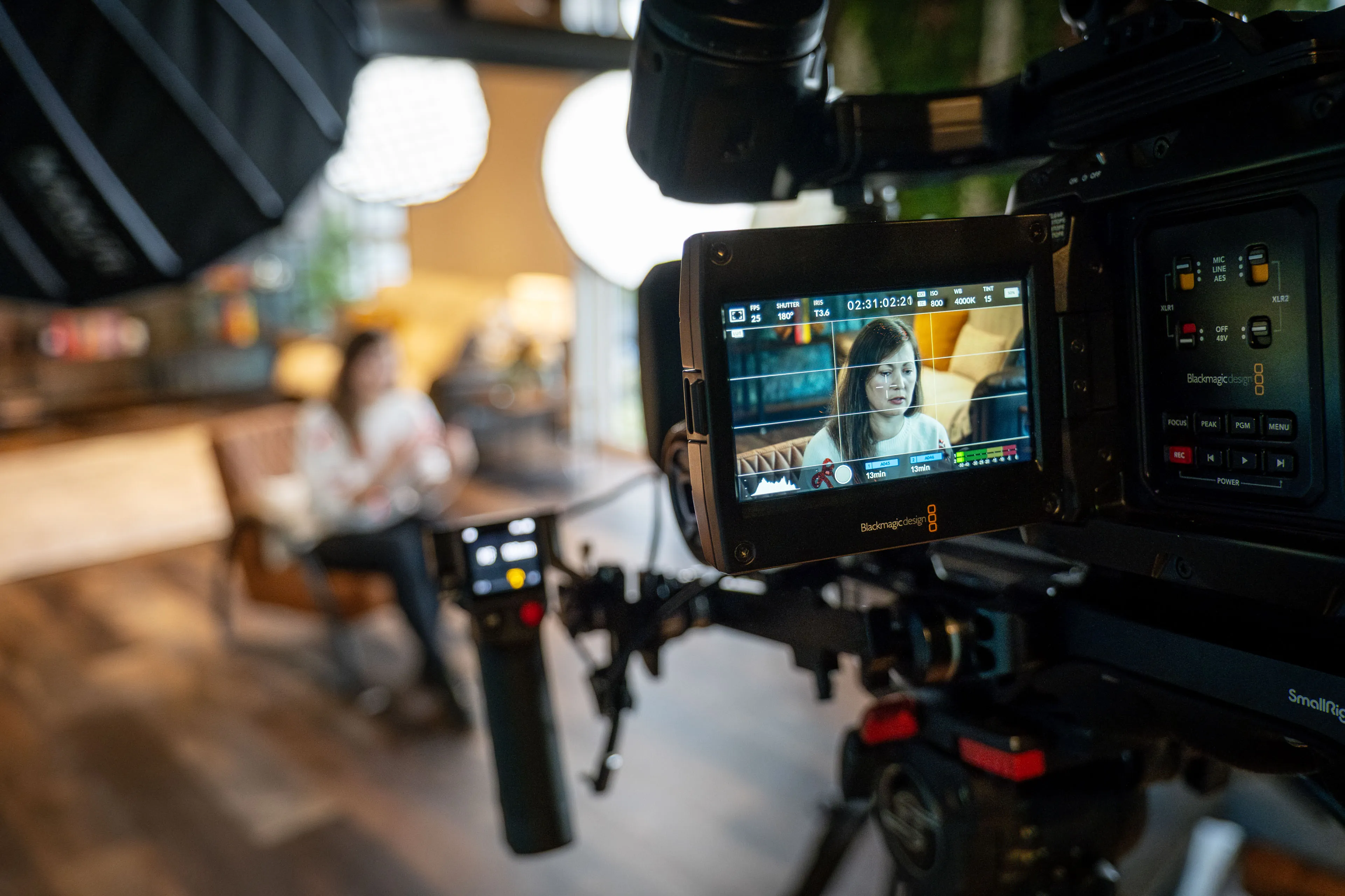 URSA 12K Mini Pro Blackmagic camera monitor showing Oksana Fedorovych during her interview at DotPerformance studios for the Café Lingo documentary, Isle of Man