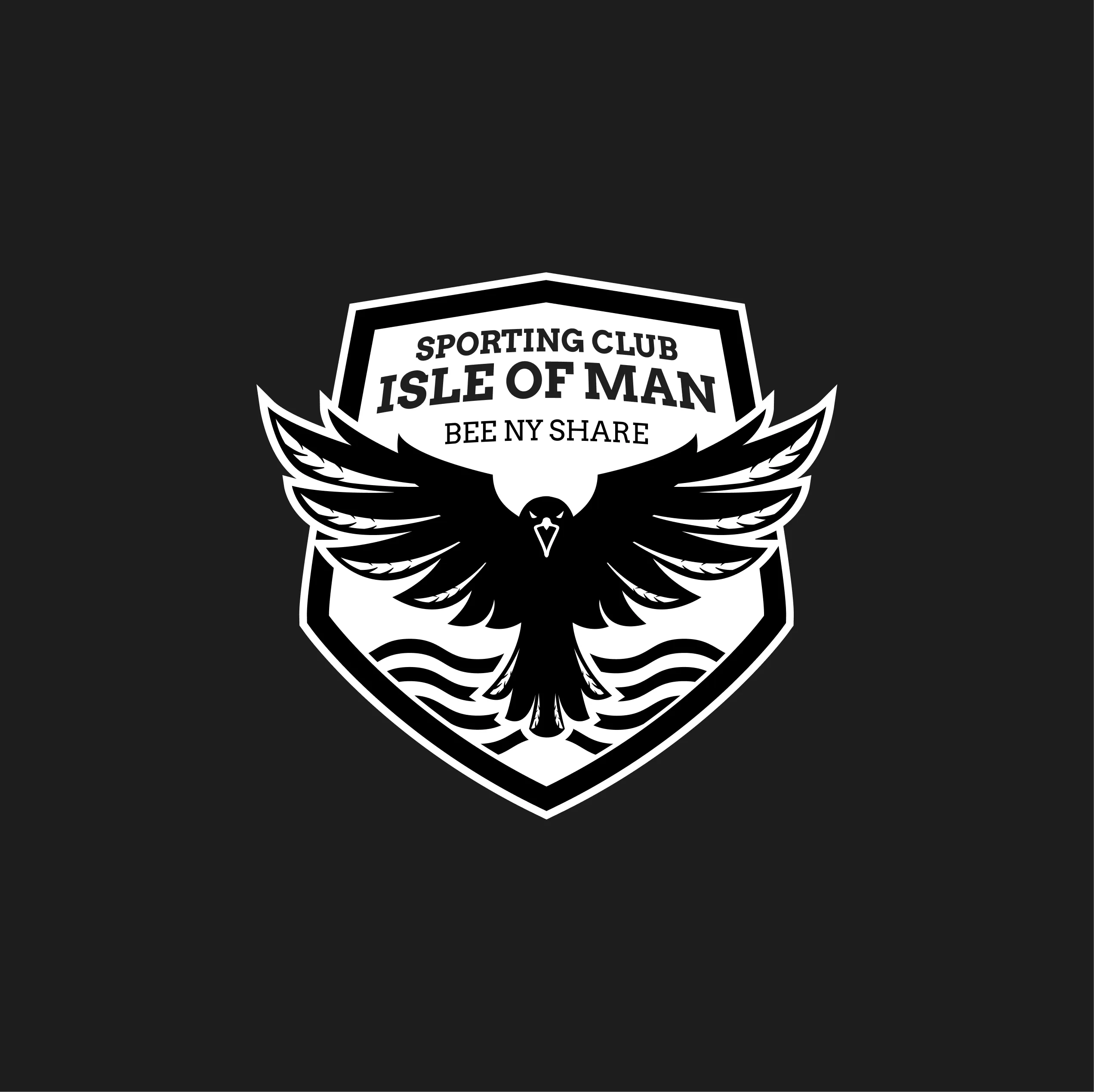 Sporting Club Isle of Man crest in white on black, a bird with outstretched wings over waves beneath the motto Bee Ny Share