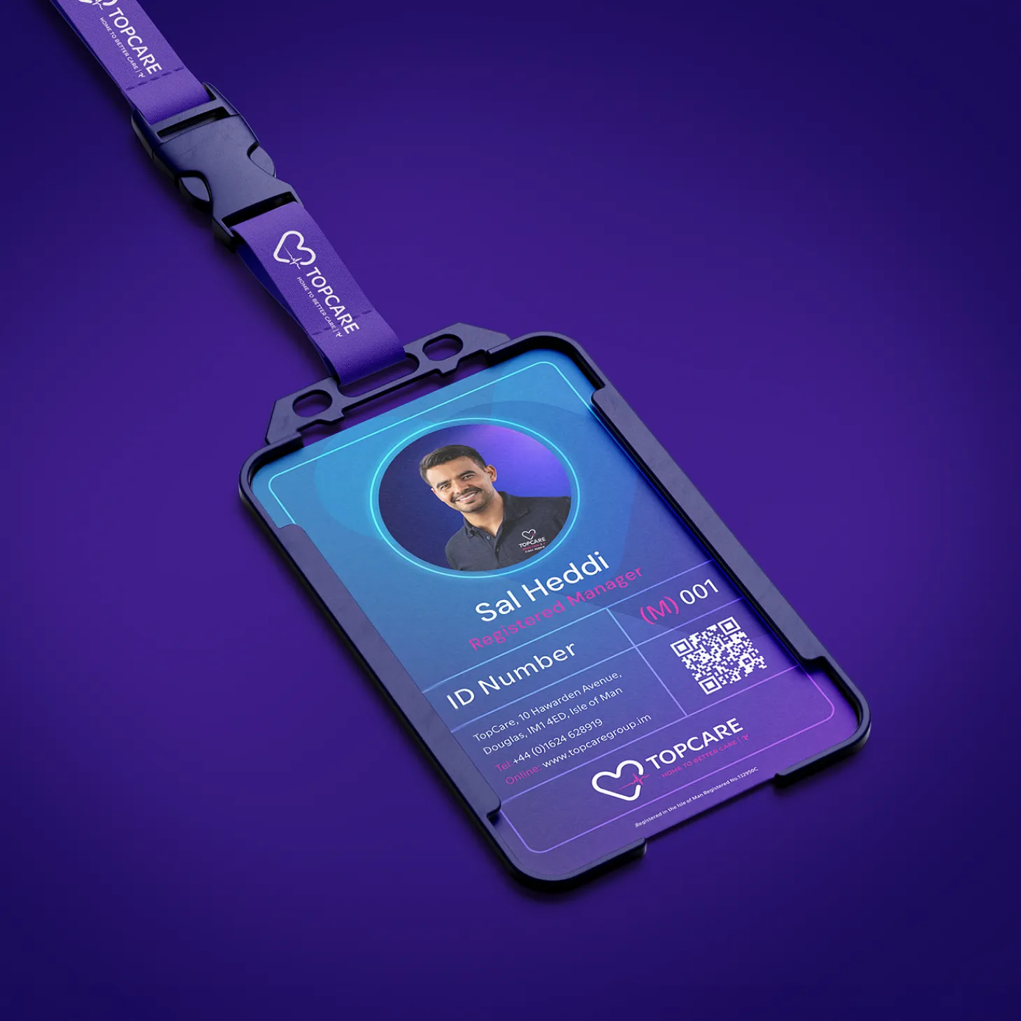 TopCare branded staff ID badge and lanyard featuring a carer's photo and company logo on a purple background
