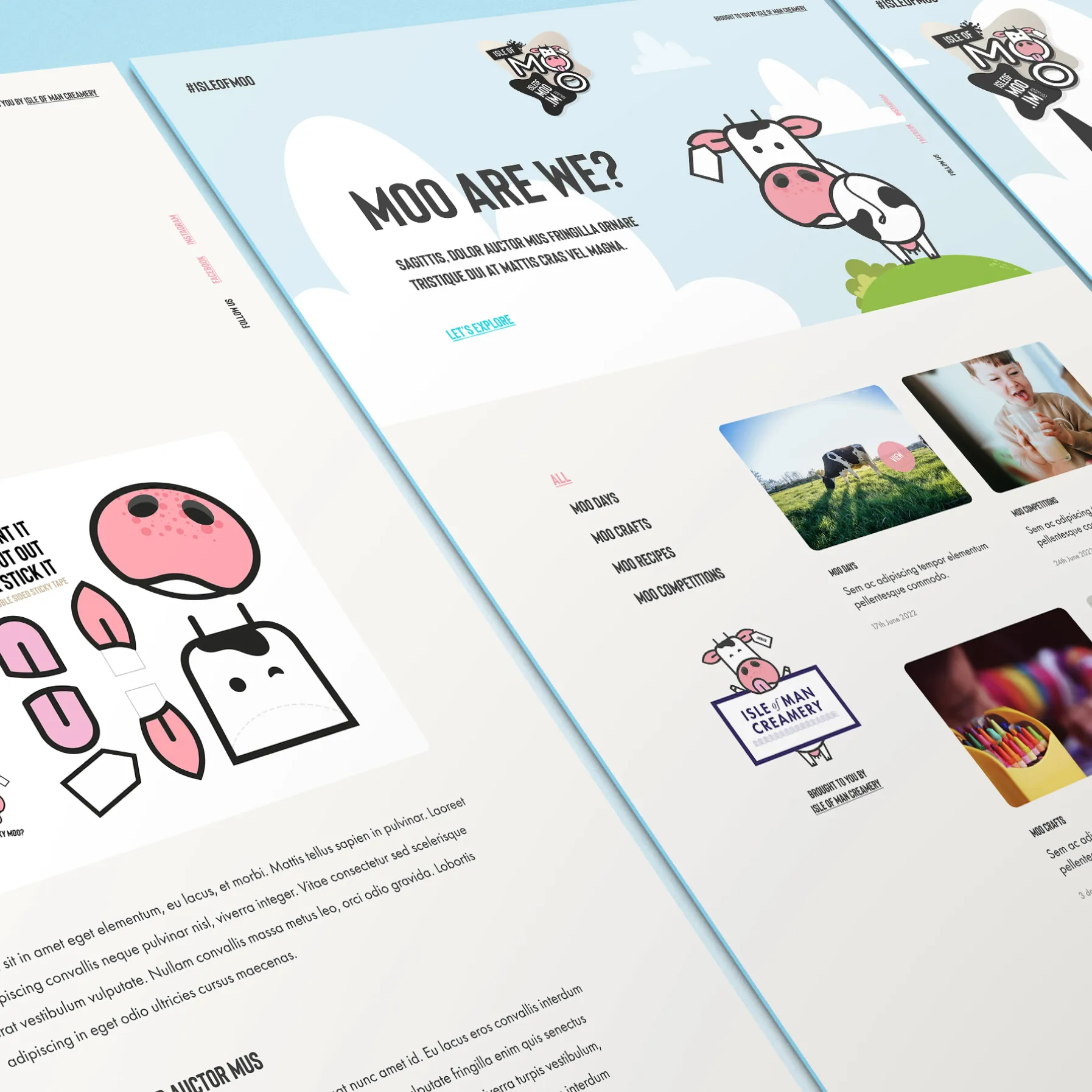 Isle of Moo microsite design created by DotPerformance for the Isle of Man Creamery, showing the homepage and content sections for Moo Days, Moo Crafts, Moo Recipes and Moo Competitions