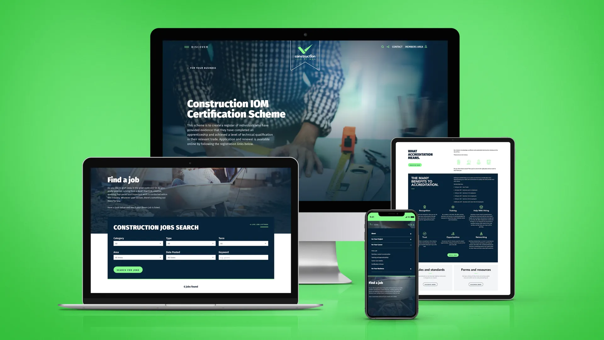 Desktop monitor and multiple device screens displaying the Construction IOM Certification Scheme website including search the register and other key pages