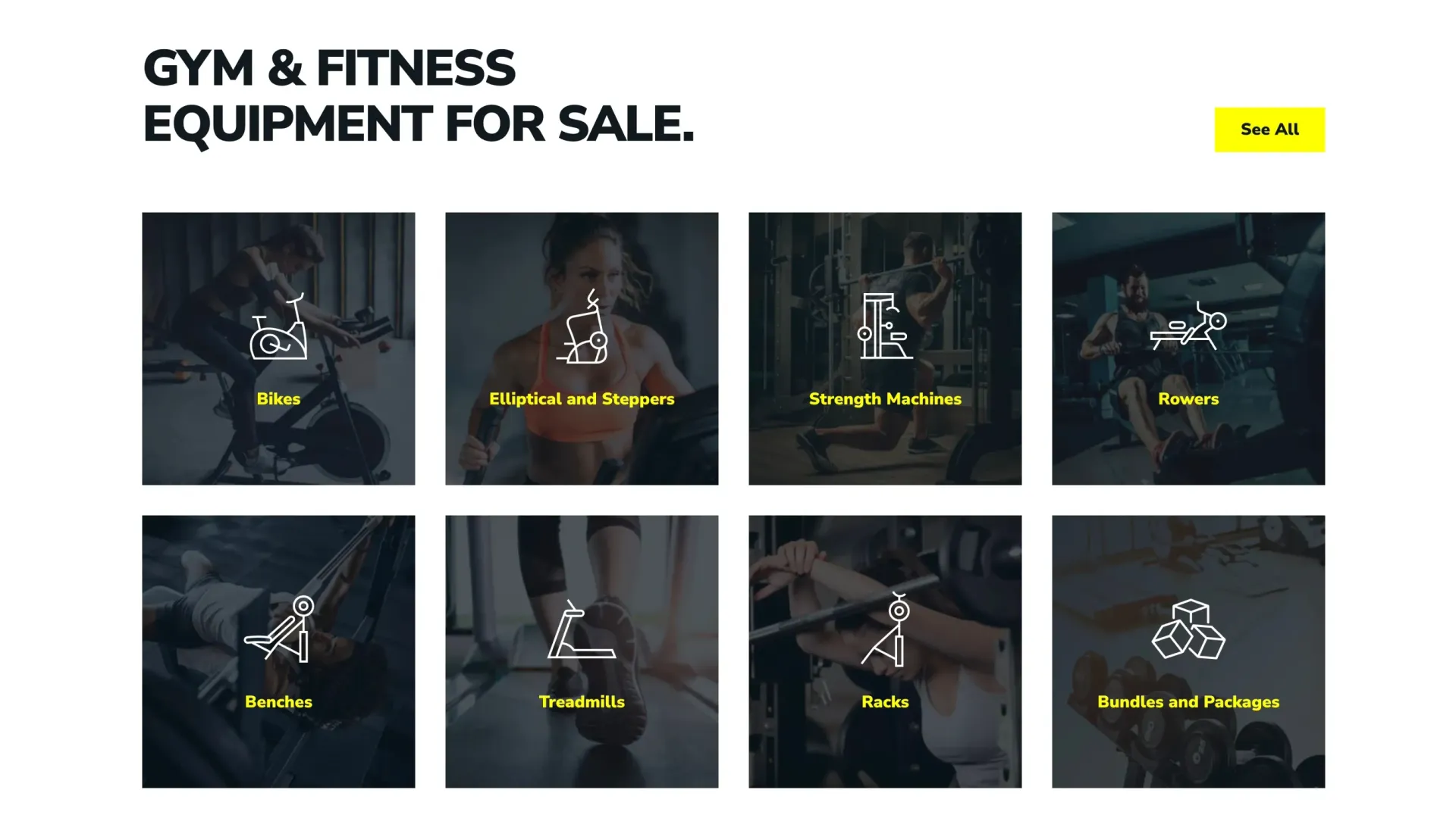 MyGym ecommerce product category page showing eight gym equipment categories including bikes, ellipticals, strength machines, rowers, benches, treadmills, racks, and bundles, designed by DotPerformance